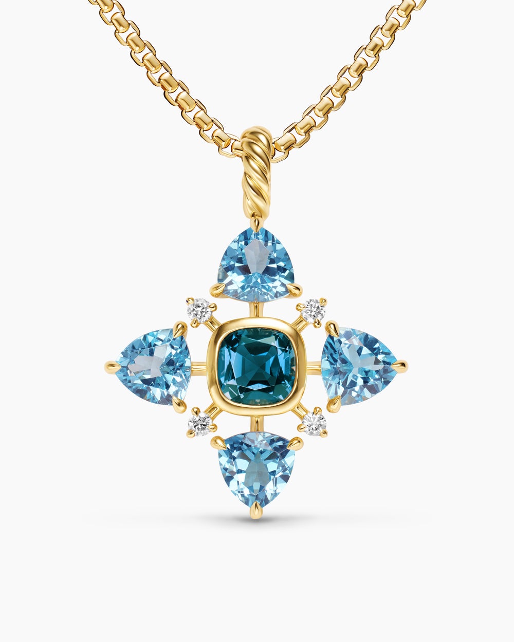 Womens Renaissance® Quad Pendant in 18K Yellow Gold with Blue Topaz, Hampton Blue Topaz and Diamonds, 36mm