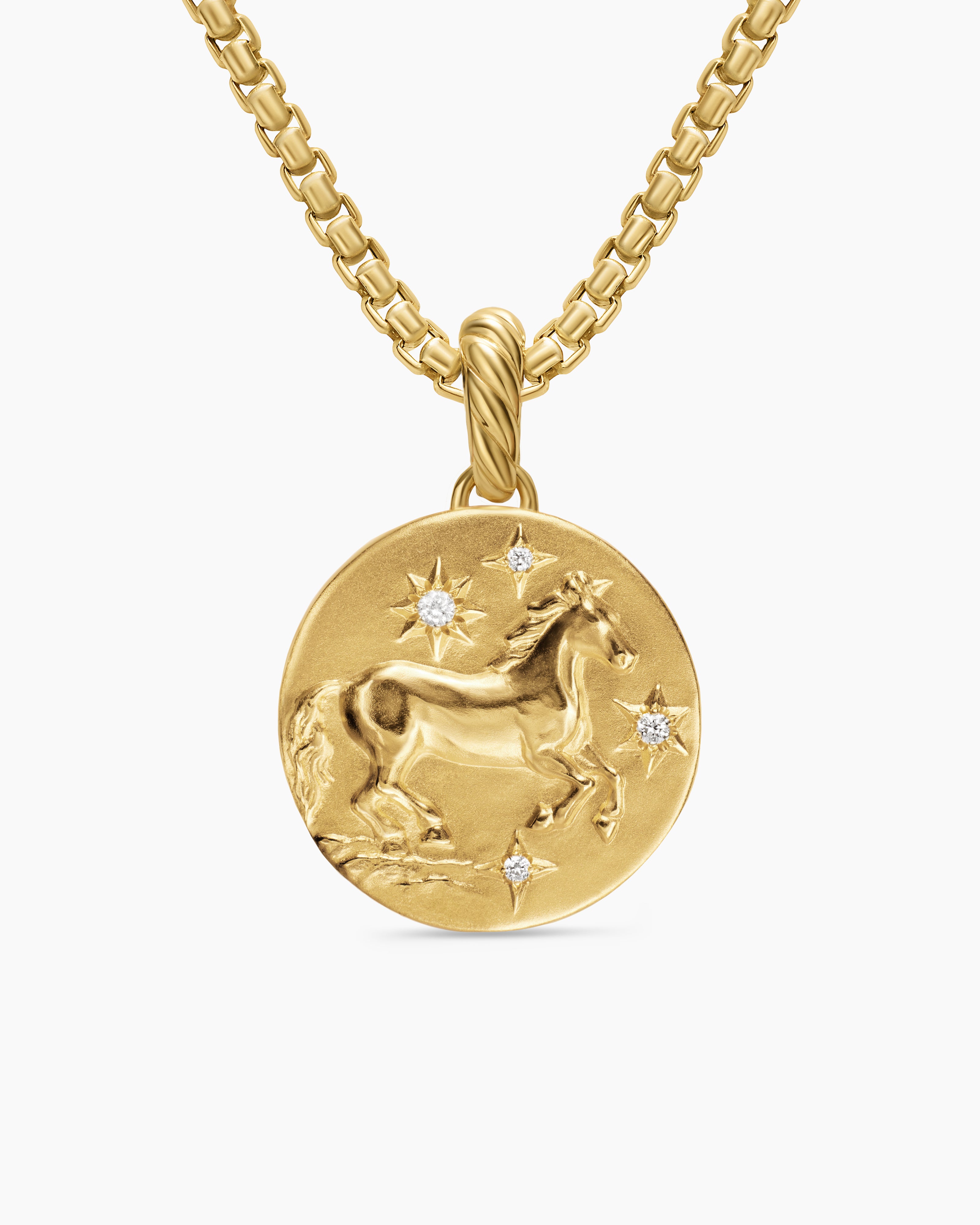 Womens Lunar New Year Horse Amulet in 18K Yellow Gold with Diamonds, 19mm