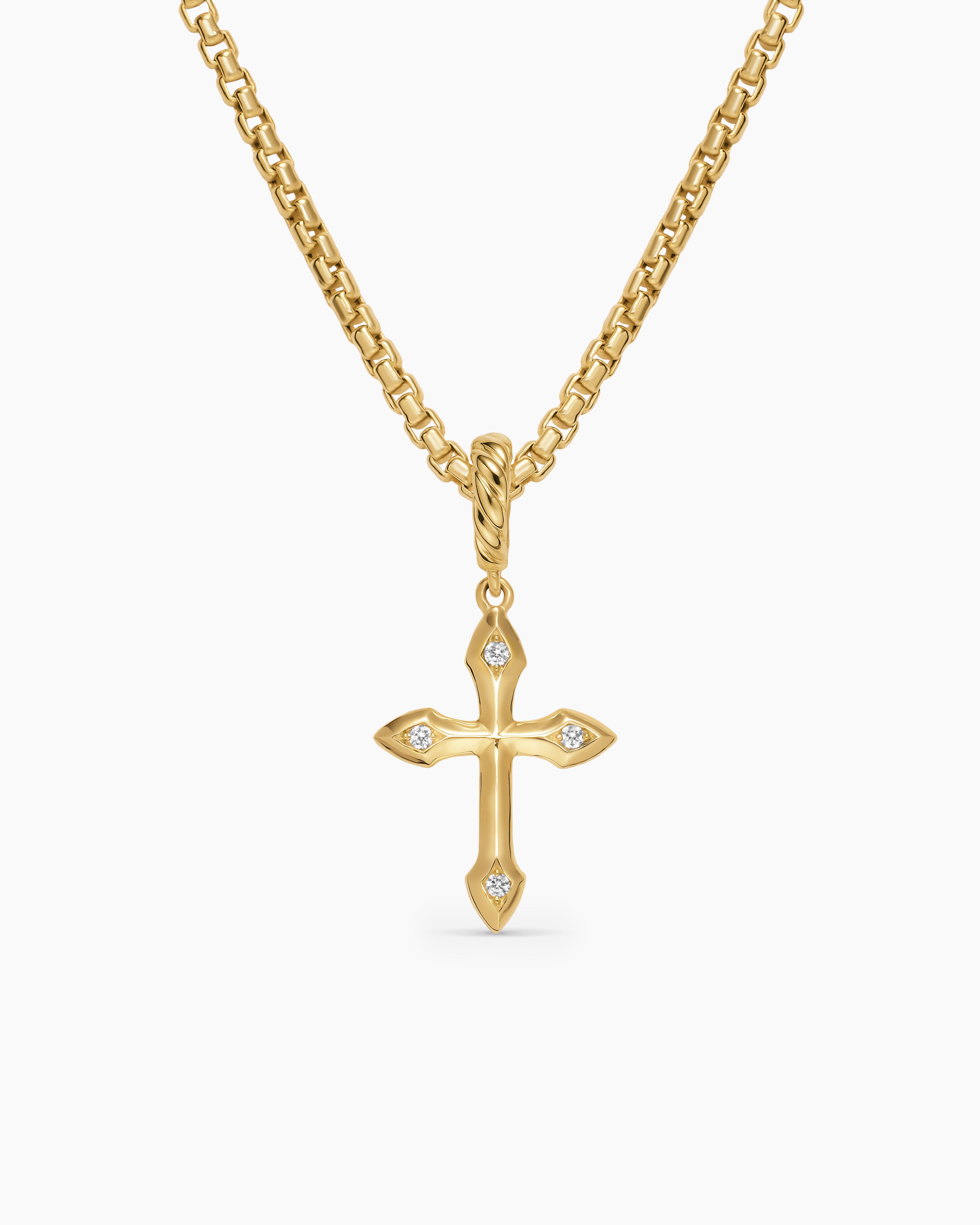 Womens Petite Gothic Cross Amulet in 18ct Yellow Gold with Diamonds, 15.2mm