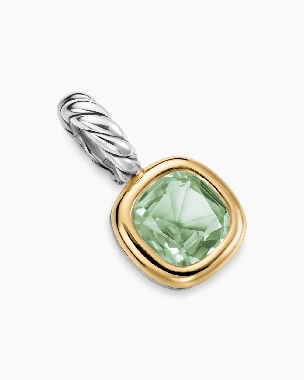 Womens Mini Cushion Cut Amulet in Sterling Silver with 14K Yellow Gold and Prasiolite, 5.5mm