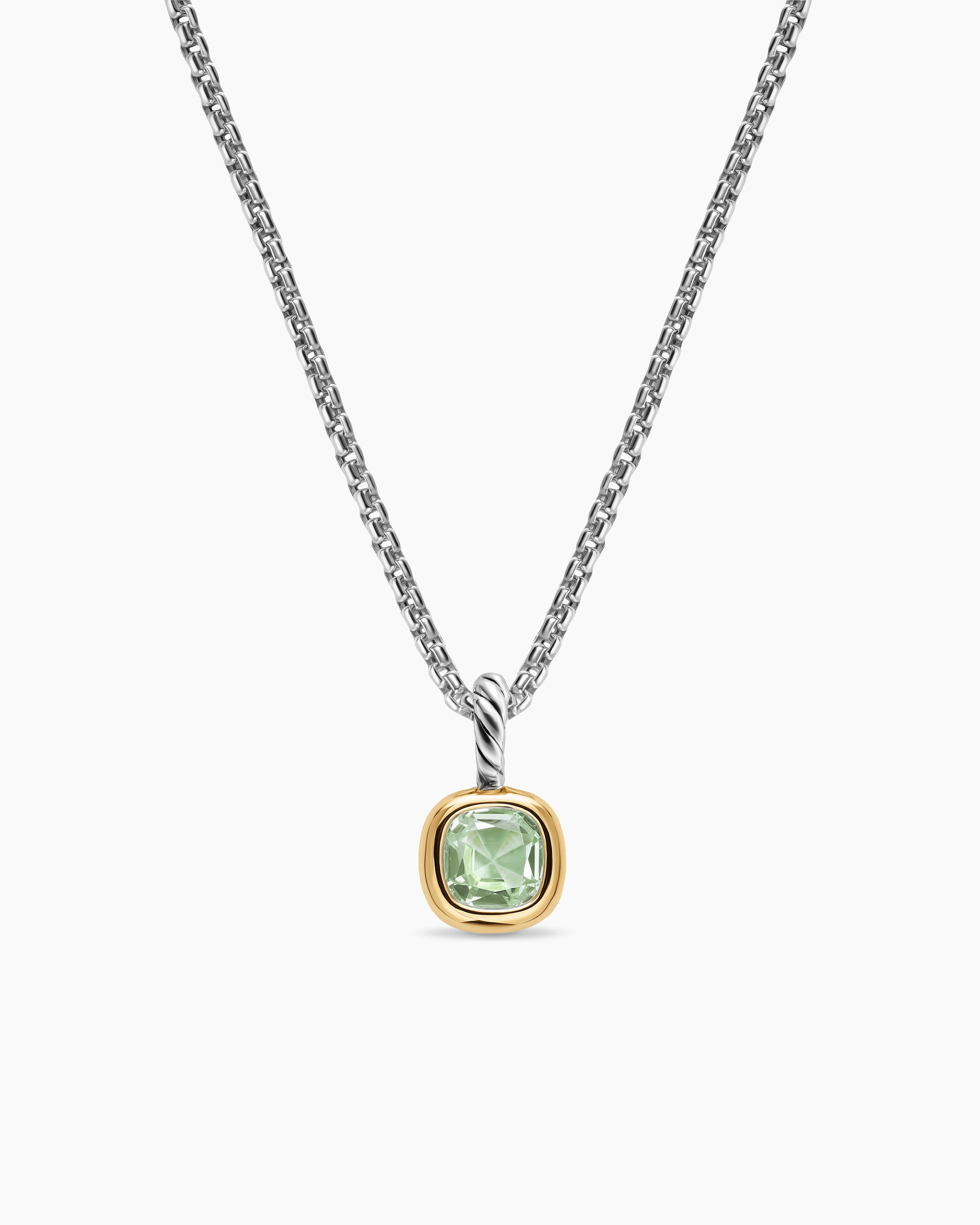 Womens Mini Cushion Cut Amulet in Sterling Silver with 14K Yellow Gold and Prasiolite, 5.5mm