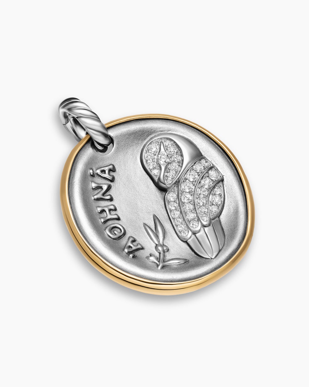 Womens Athena Medallion Amulet in Sterling Silver with 14K Yellow Gold and Diamonds, 29.5mm