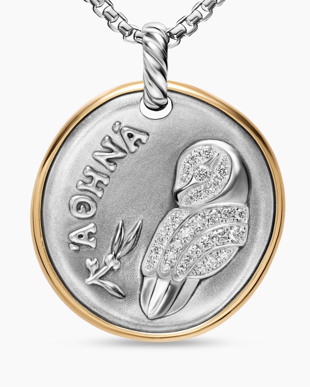Womens Athena Medallion Amulet in Sterling Silver with 14K Yellow Gold and Diamonds, 29.5mm