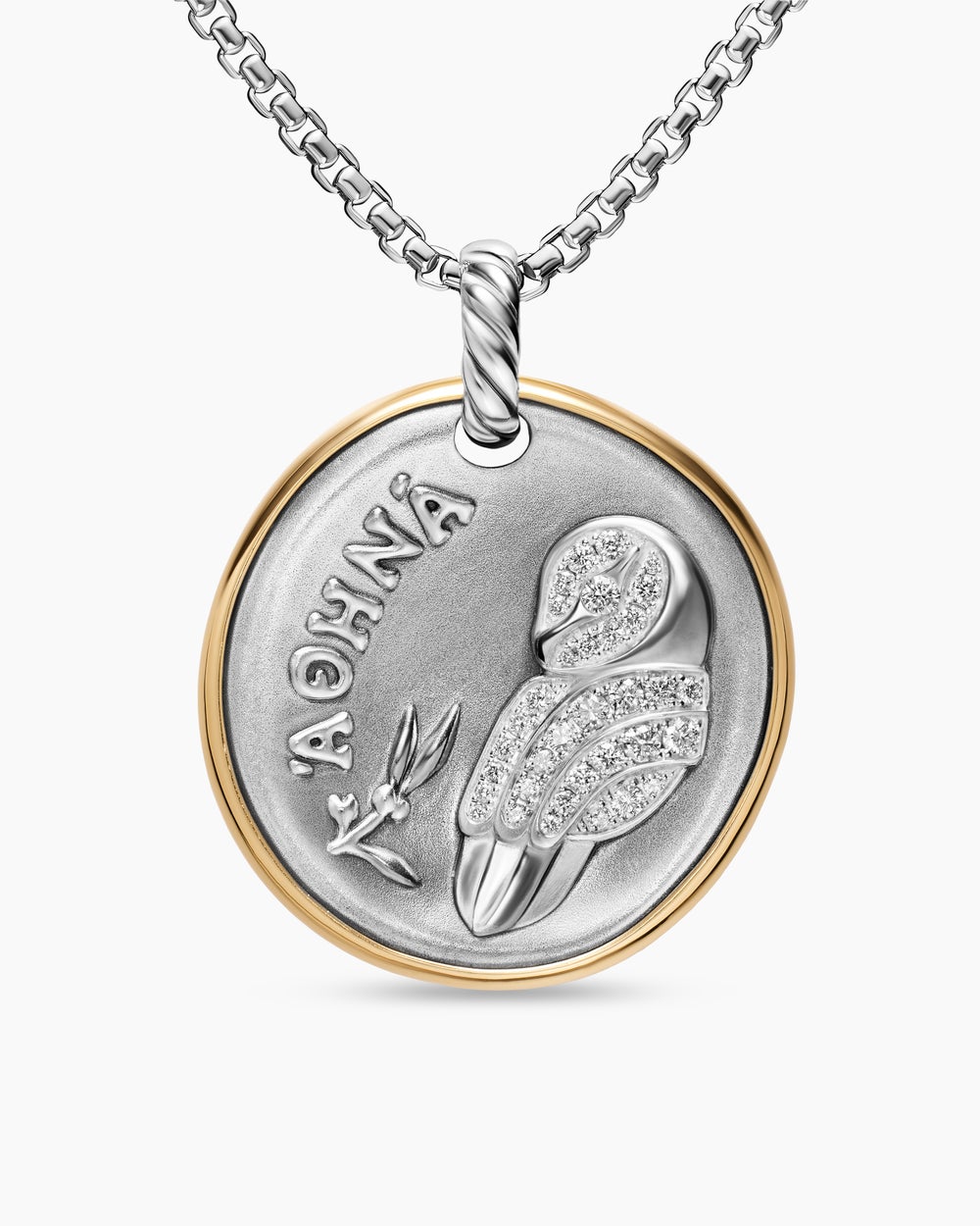 Womens Athena Medallion Amulet in Sterling Silver with 14K Yellow Gold and Diamonds, 29.5mm
