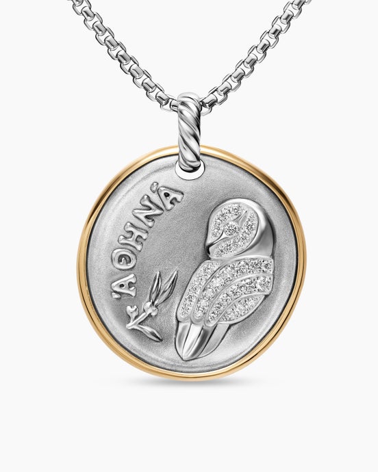 Amulette Athéna en argent massif avec or jaune 14 carats et diamants, 29,5 mm