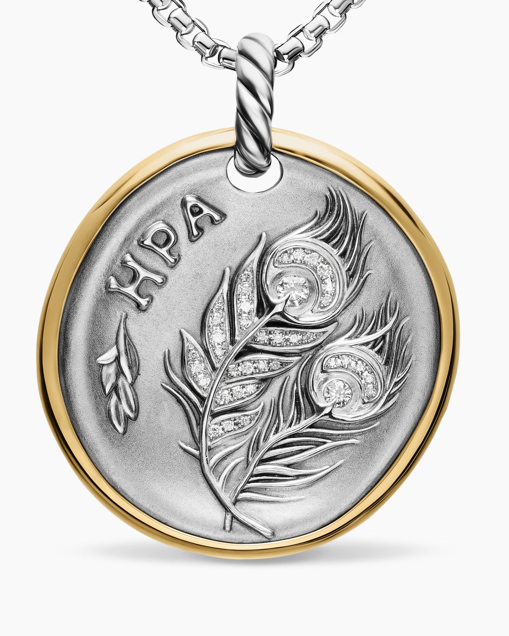 Womens Hera Medallion Amulet in Sterling Silver with 14K Yellow Gold and Diamonds, 29.5mm