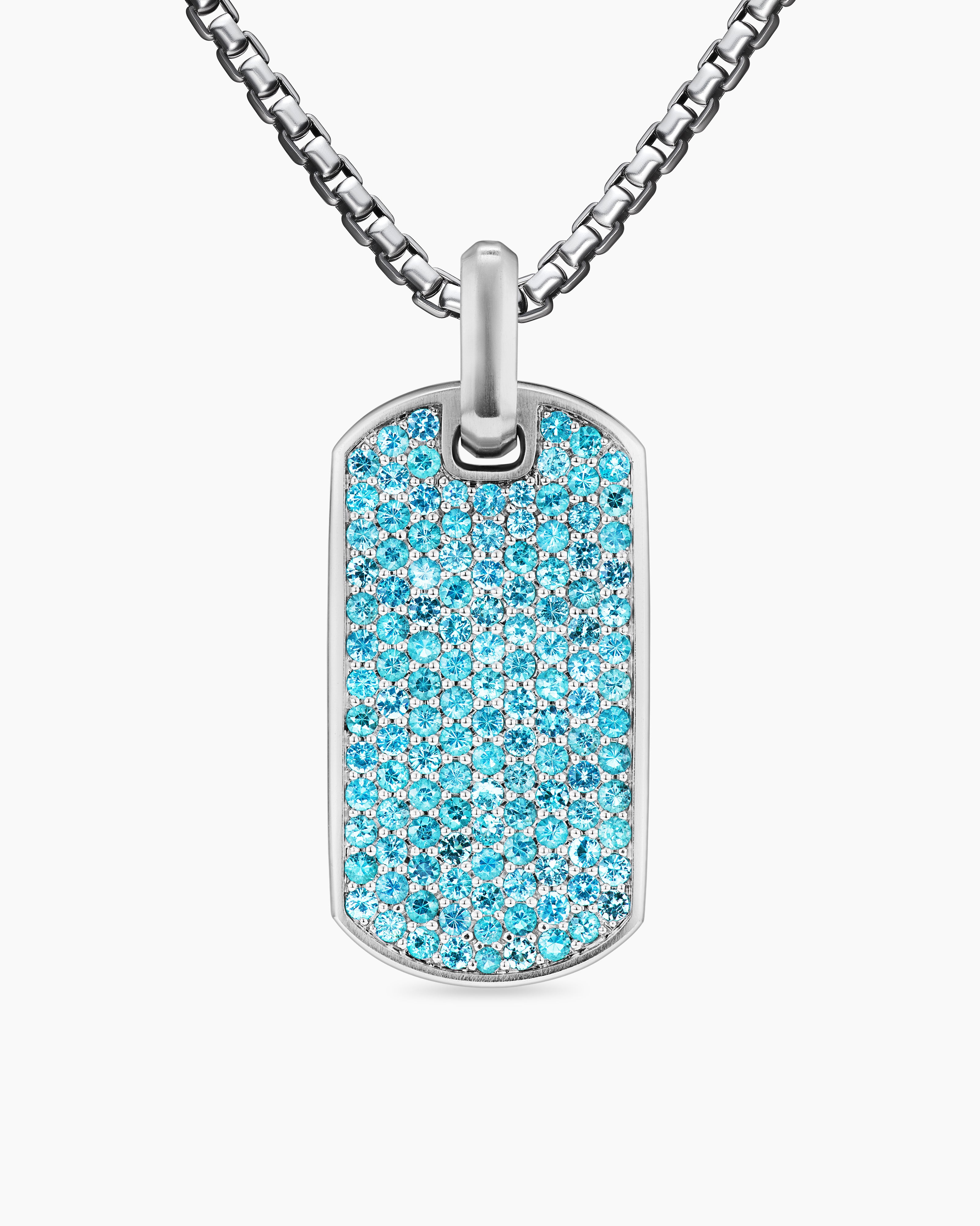 Mens Chevron Tag in 18K White Gold with Paraiba Tourmalines, 35mm