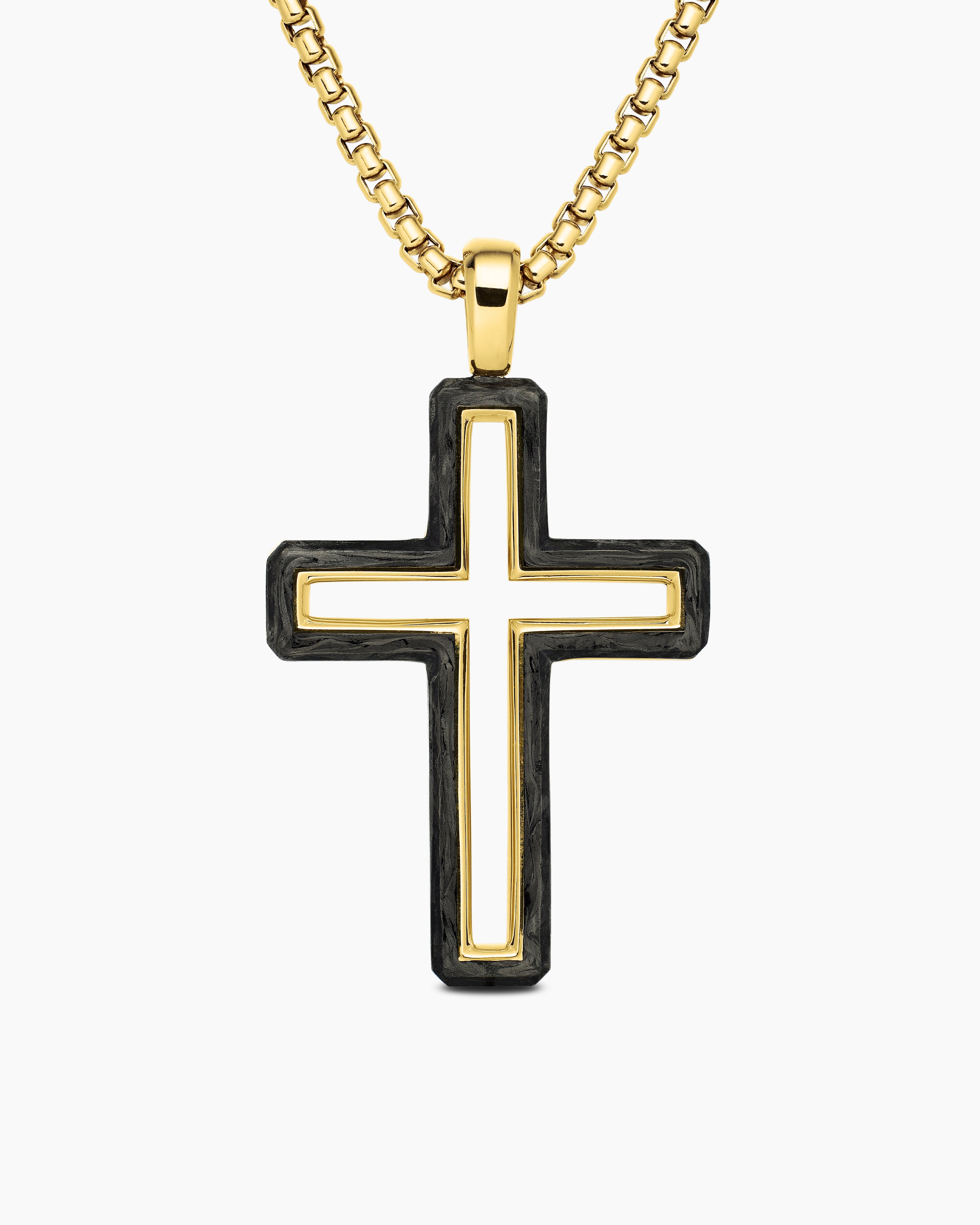 Mens Forged Carbon Cross Pendant in 18K Yellow Gold, 37mm