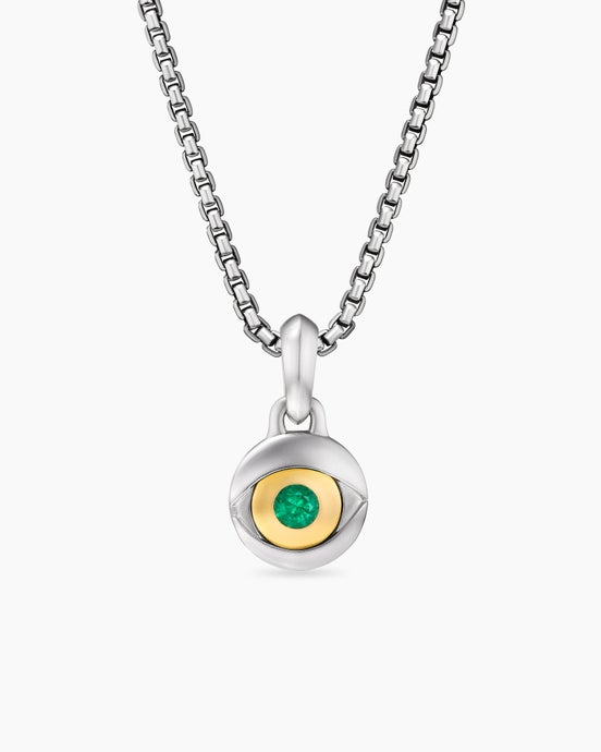 Evil Eye Amulet in Sterling Silver with 18K Yellow Gold and Emerald, 14.5mm