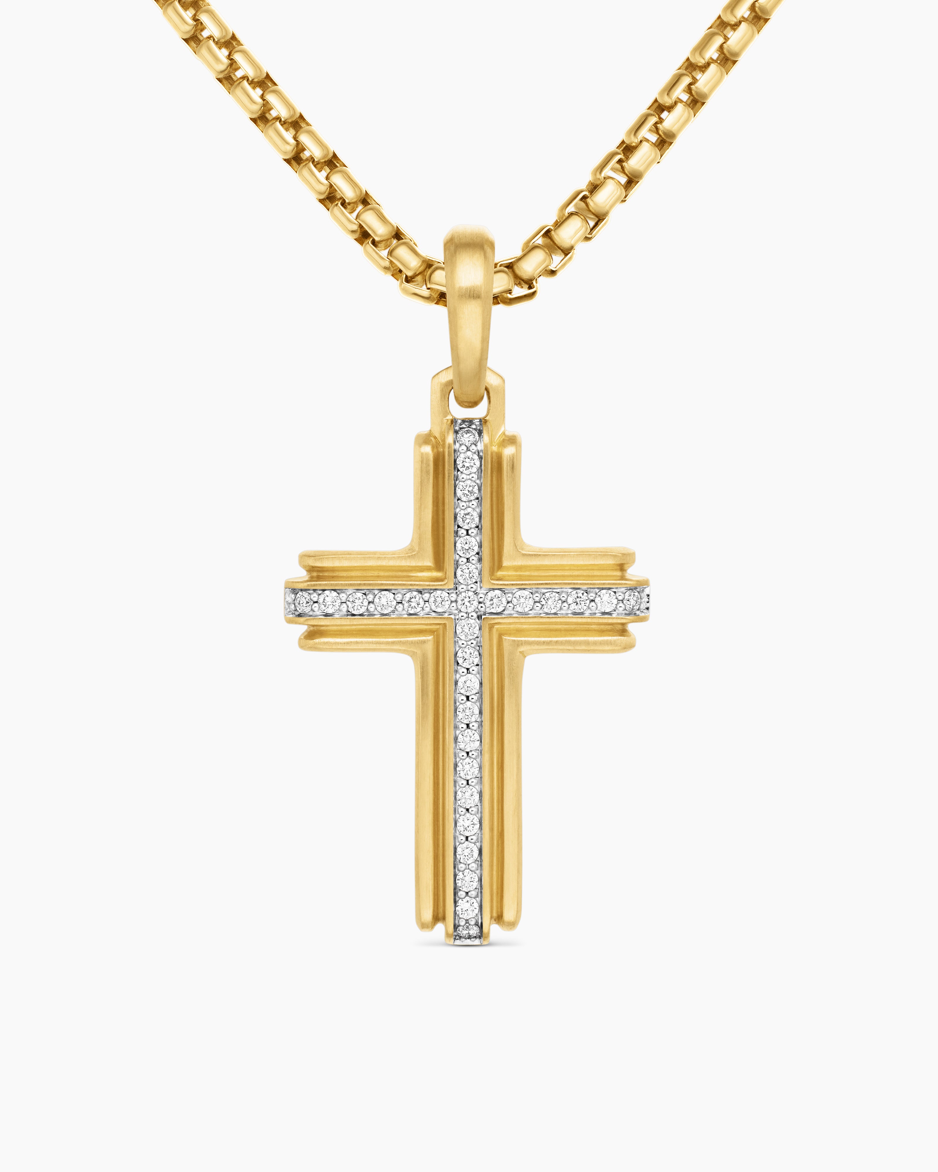Mens Cross Pendant in 18K Yellow Gold with Diamonds, 34mm