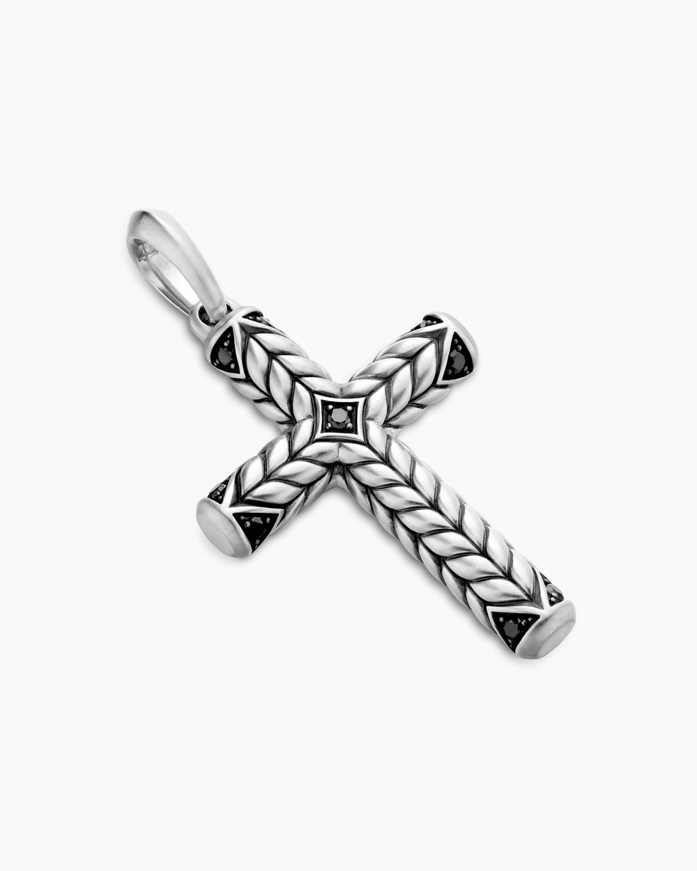Mens Chevron Cross Pendant in Sterling Silver with Black Diamonds, 36mm