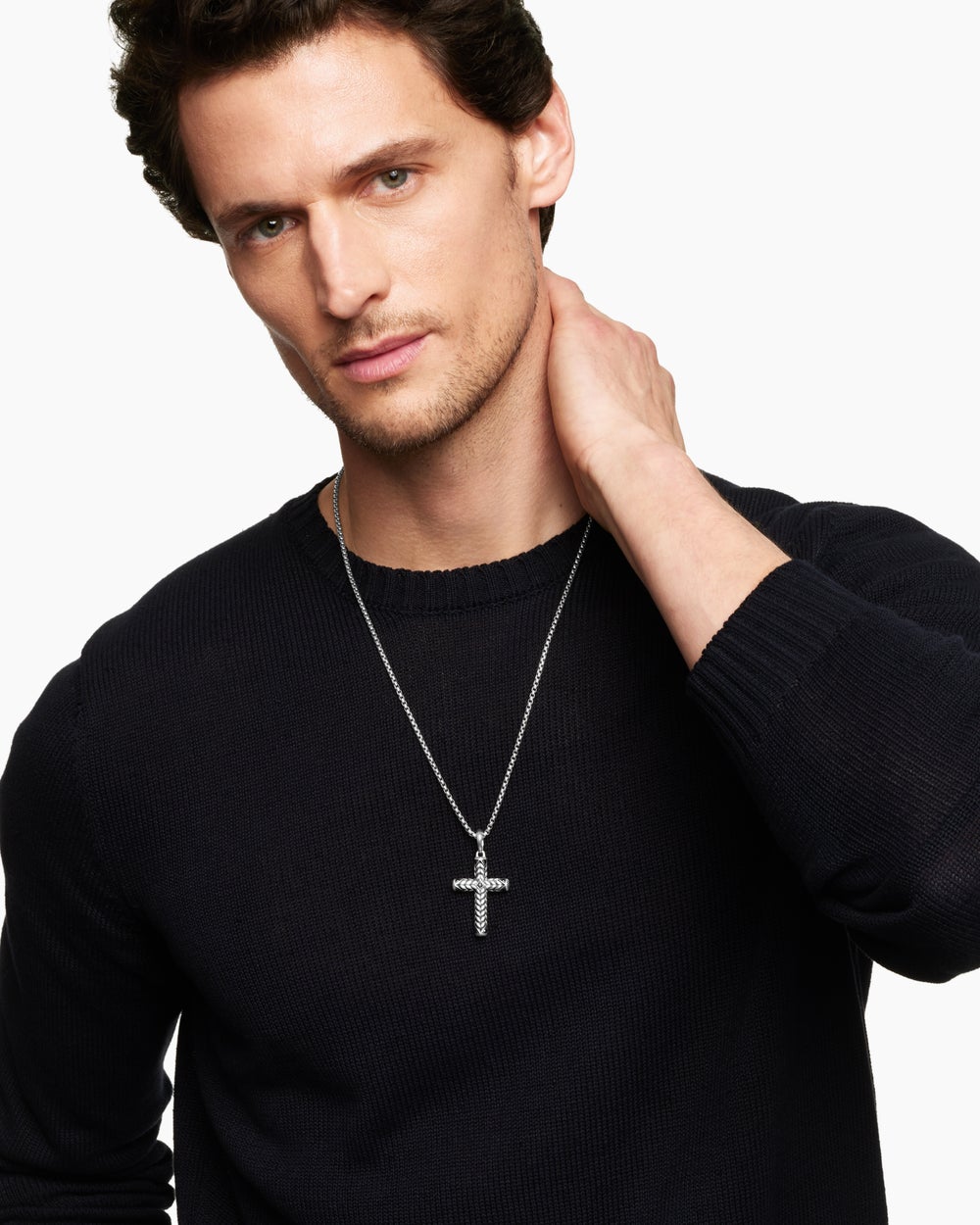 Mens Chevron Cross Pendant in Sterling Silver with Black Diamonds, 36mm