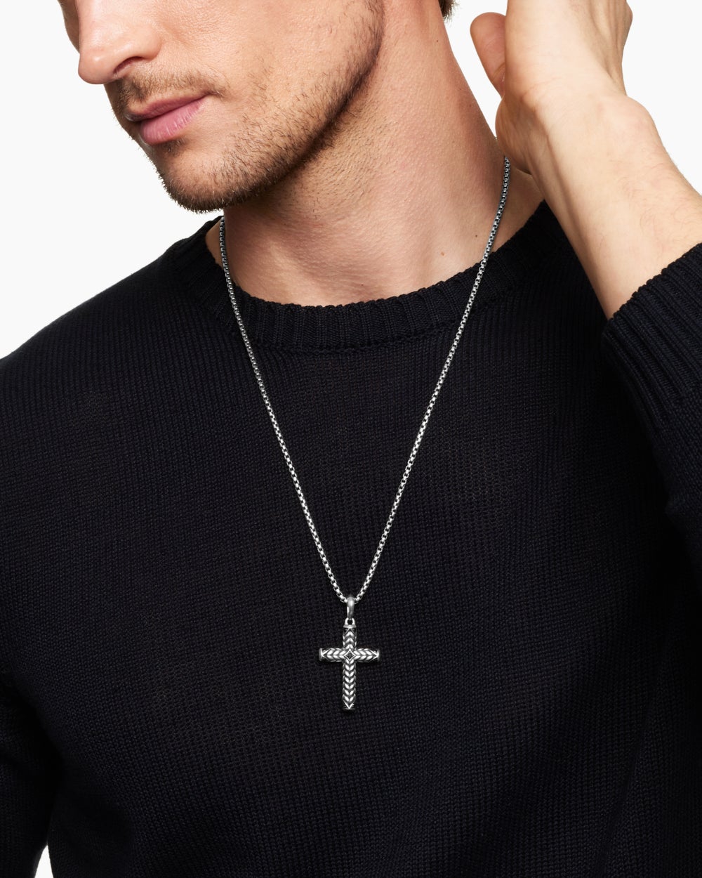 Mens Chevron Cross Pendant in Sterling Silver with Black Diamonds, 36mm