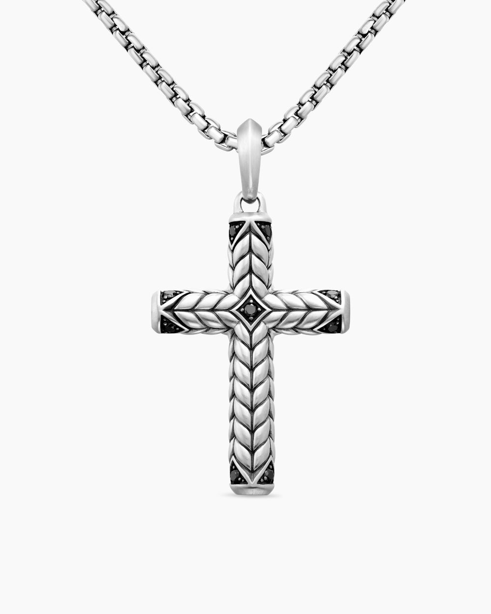 Mens Chevron Cross Pendant in Sterling Silver with Black Diamonds, 36mm