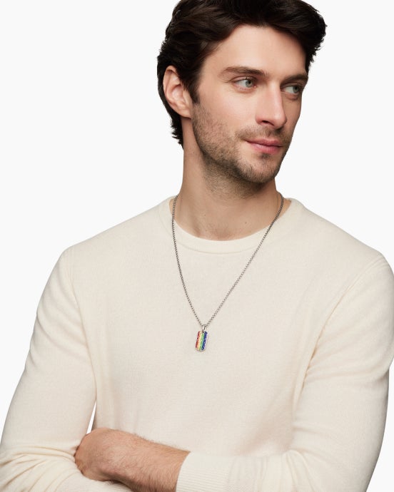 Chevron Tag in Sterling Silver with Rainbow Pavé, 27mm