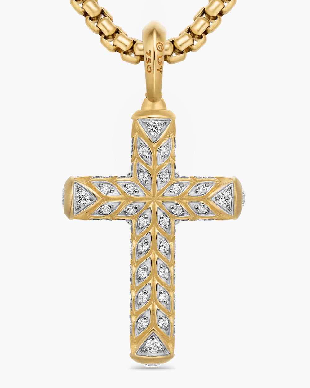 Mens Chevron Cross Pendant in 18K Yellow Gold with Pavé Diamonds, 36mm