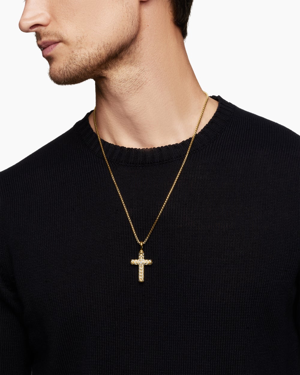Mens Chevron Cross Pendant in 18K Yellow Gold with Pavé Diamonds, 36mm