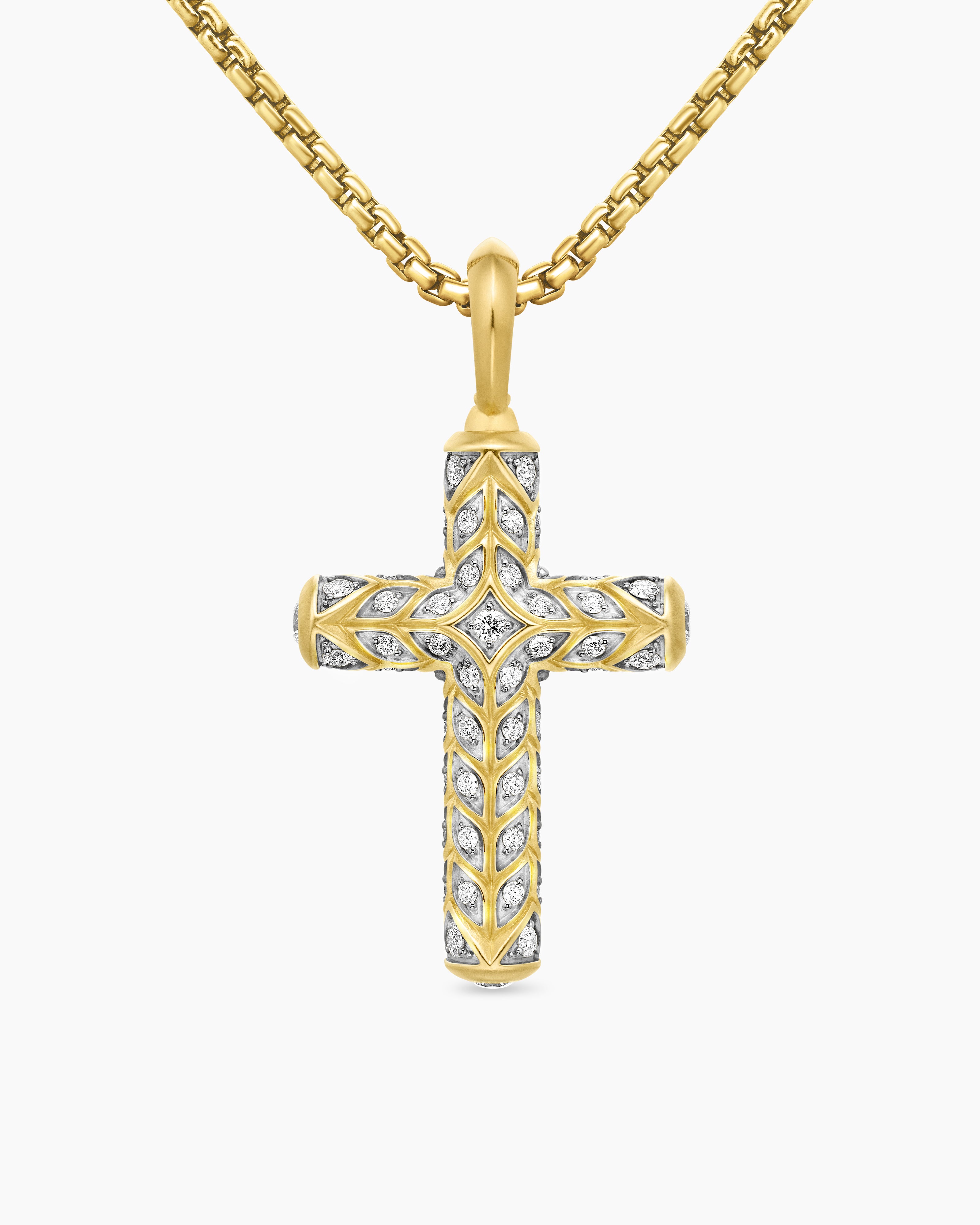 Mens Chevron Cross Pendant in 18K Yellow Gold with Pav&eacute; Diamonds, 36mm