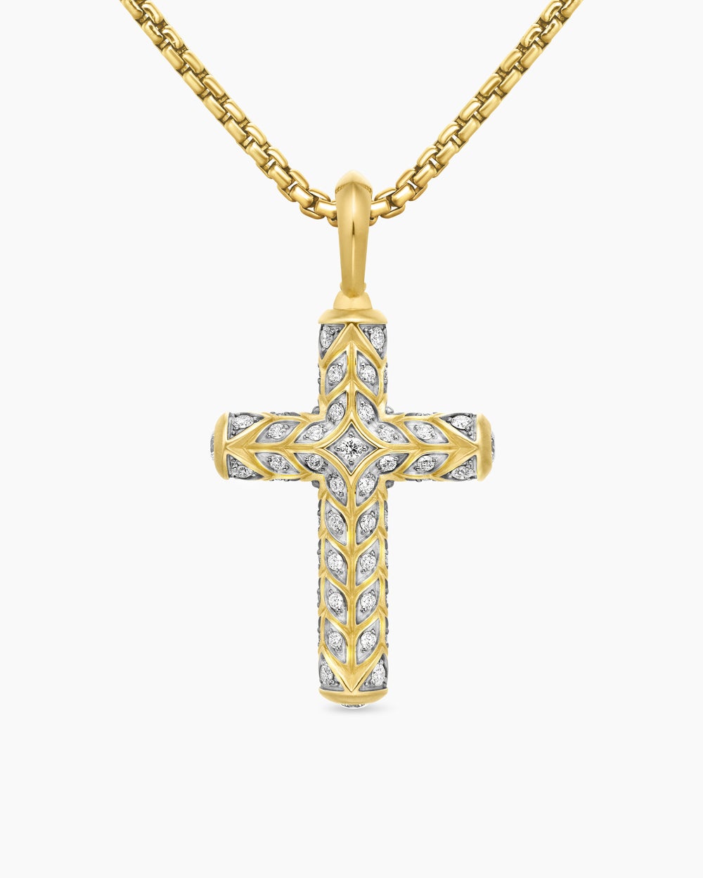 Mens Chevron Cross Pendant in 18K Yellow Gold with Pavé Diamonds, 36mm