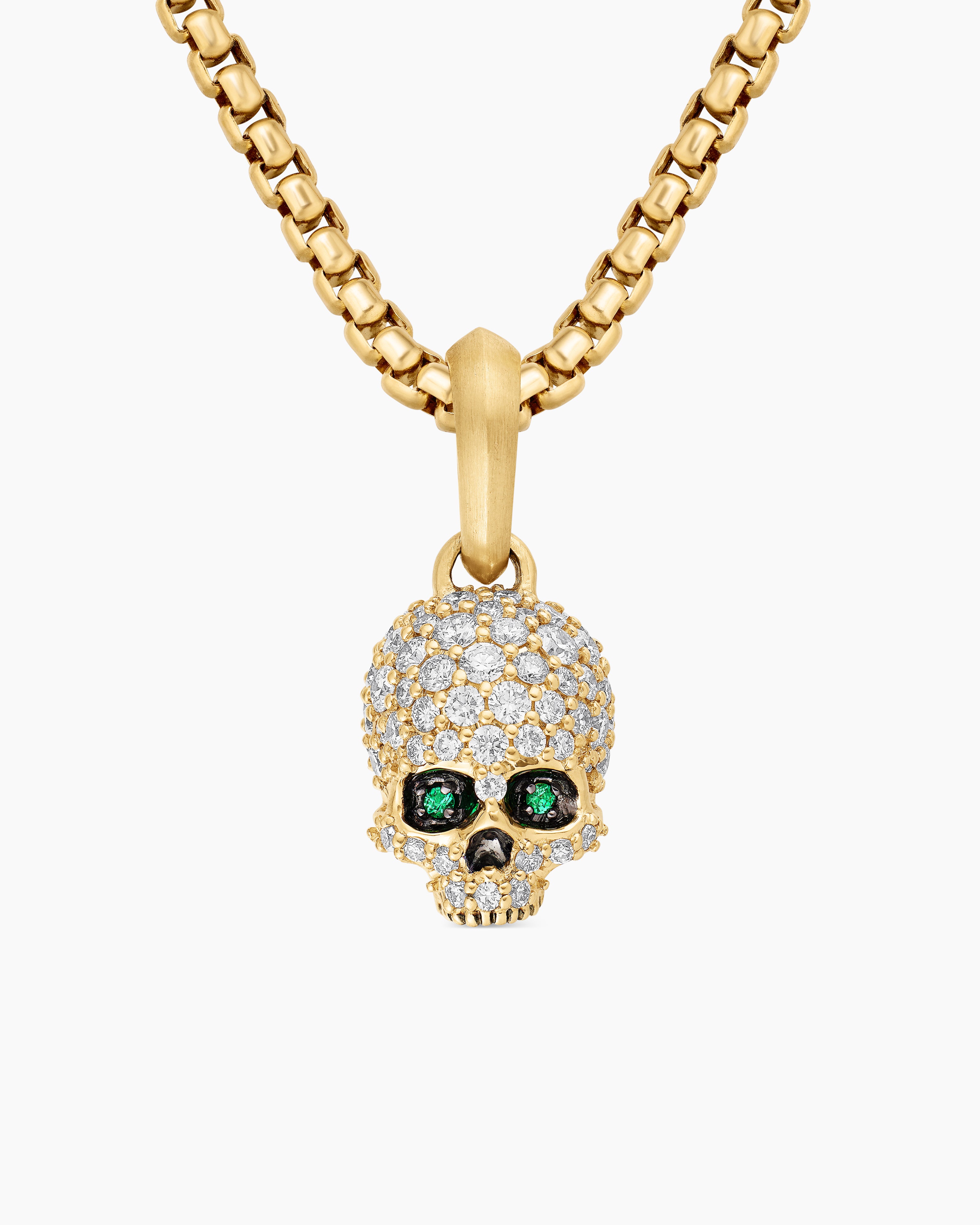 Mens Memento Mori Skull in Full Pav&eacute; Diamonds, Emeralds and 18K Yellow Gold, 14mm