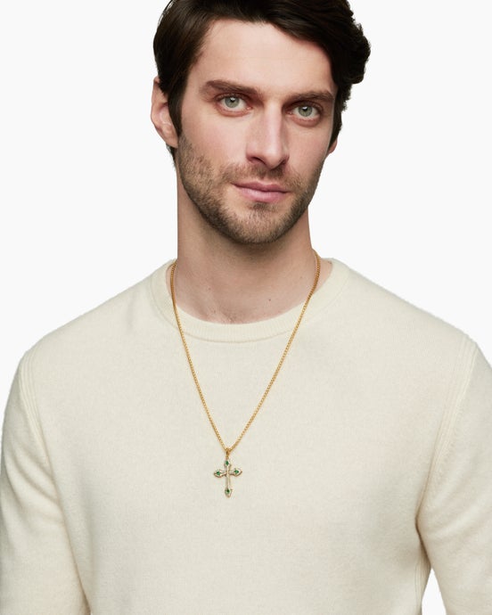 Gothic Cross Pendant in 18K Yellow Gold with Diamonds and Emeralds, 36.5mm