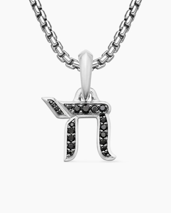 Amulette chai en argent sterling avec diamants noirs, 17 mm