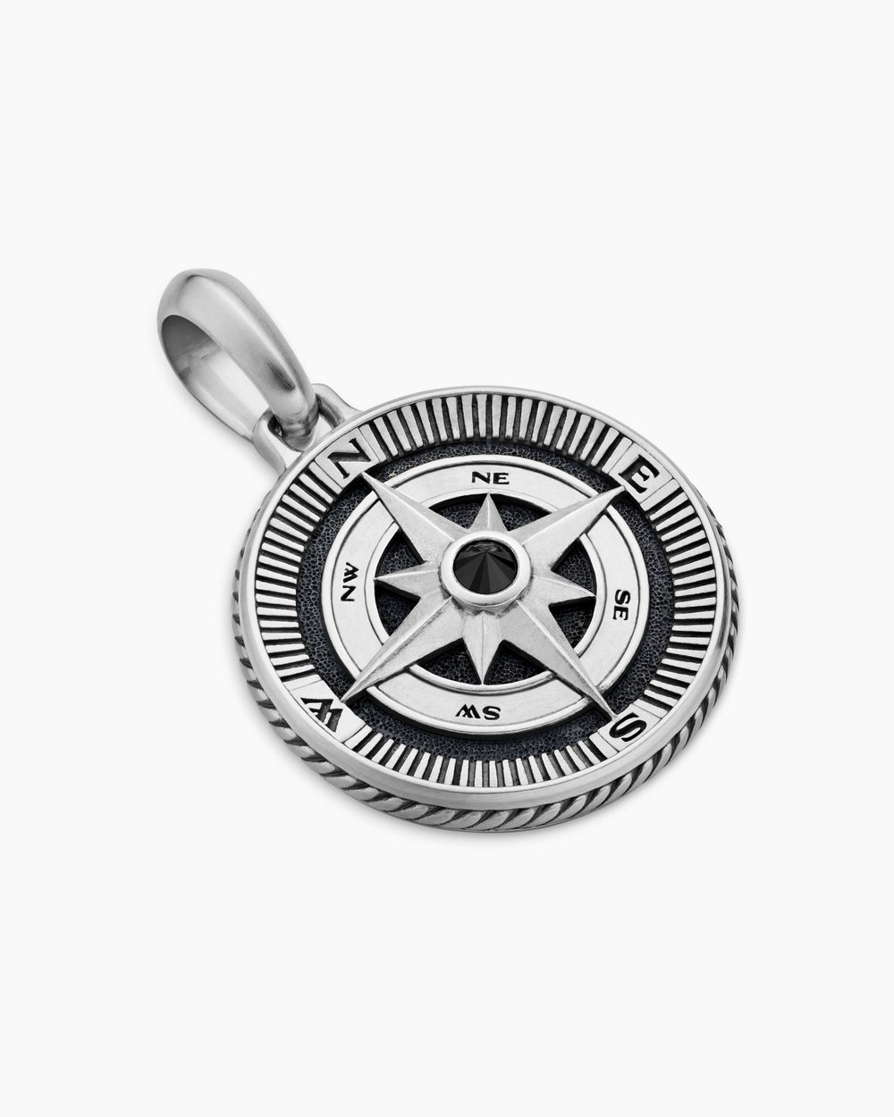 Amulette boussole Maritime® en argent sterling avec diamant noir central, 26,8 mm hommes