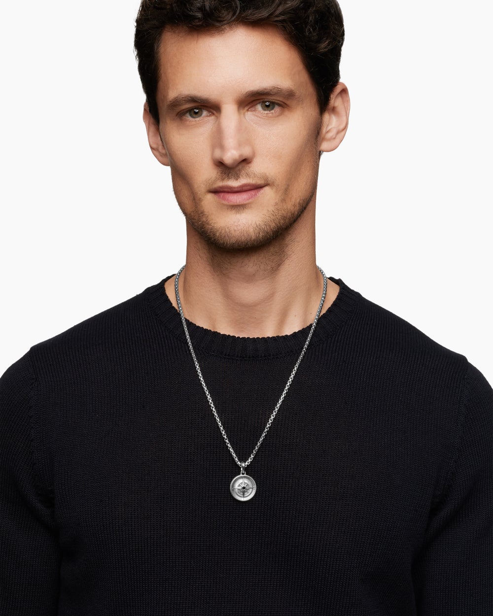 Amulette boussole Maritime® en argent sterling avec diamant noir central, 26,8 mm hommes