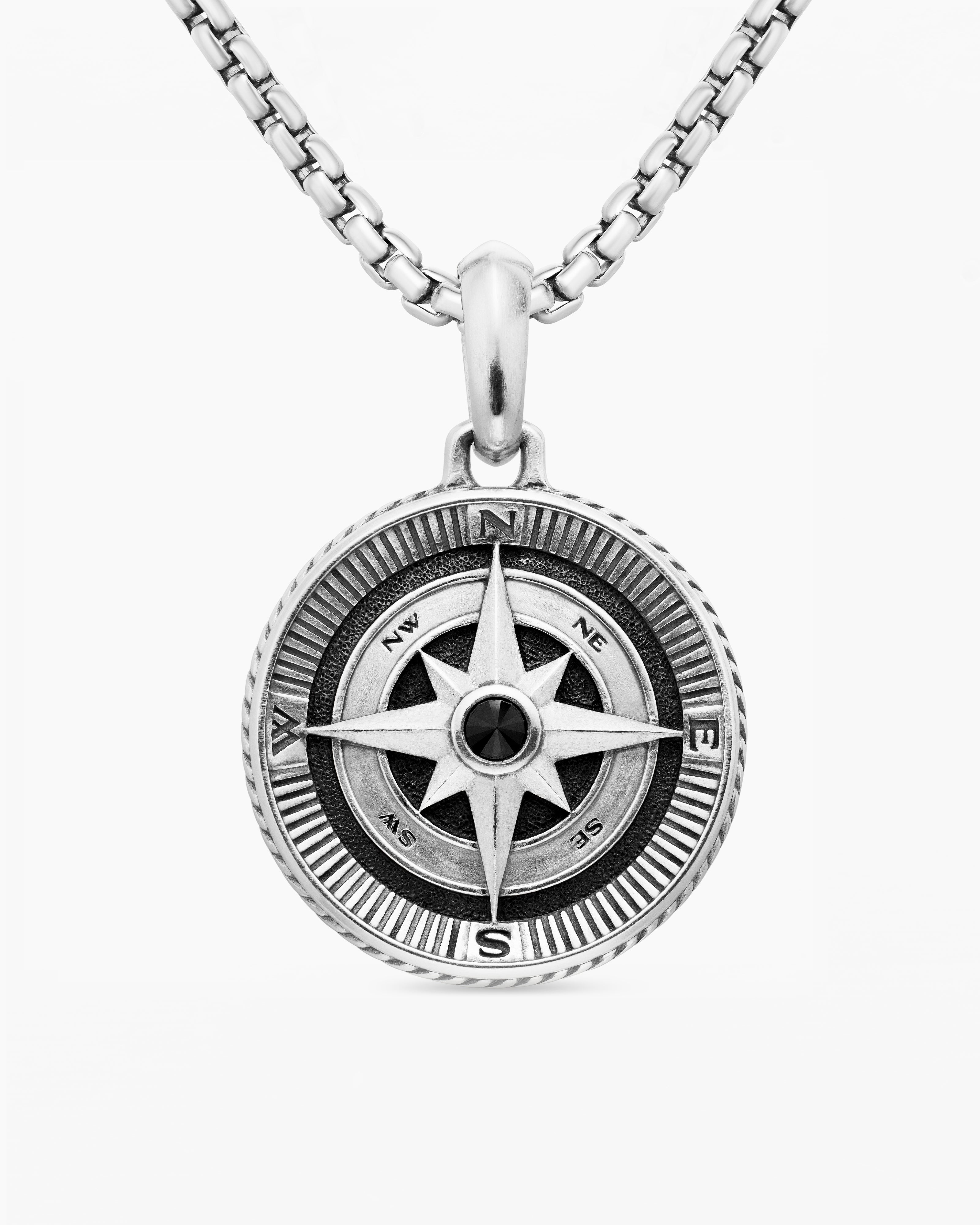 Amulette boussole Maritime&reg; en argent sterling avec diamant noir central, 26,8 mm hommes 
