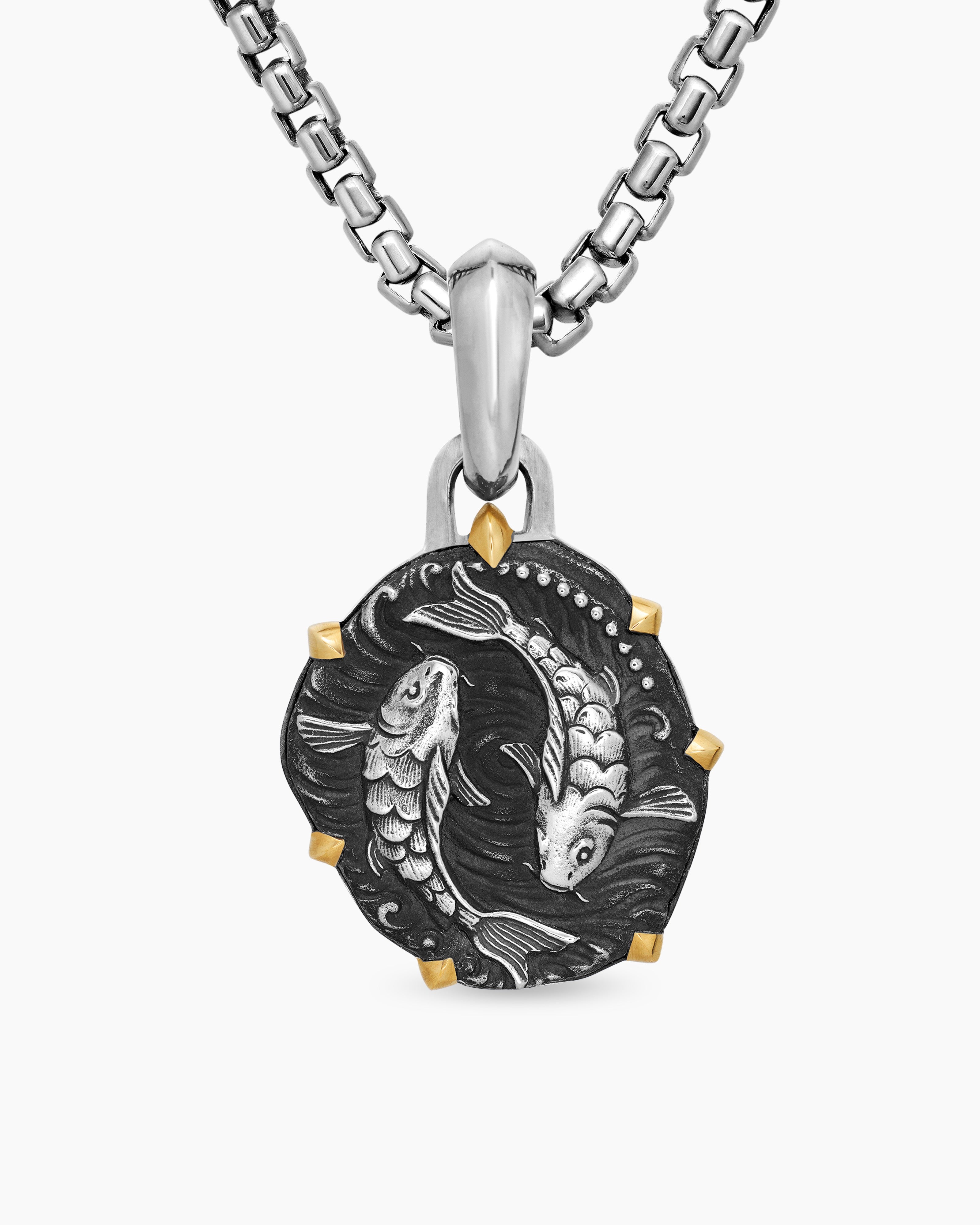 Mens Pisces Amulet in Sterling Silver with 18K Yellow Gold, 23mm