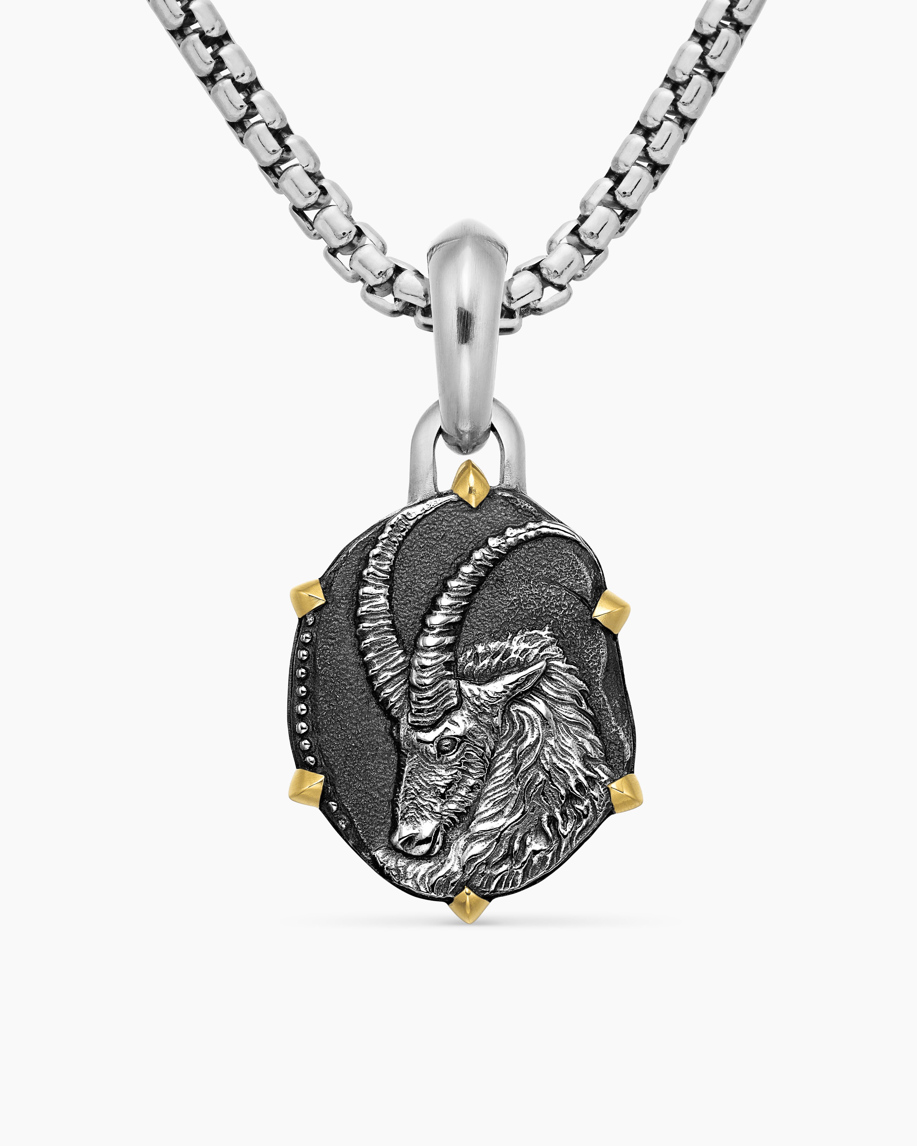 Mens Capricorn Amulet in Sterling Silver with 18K Yellow Gold, 23mm