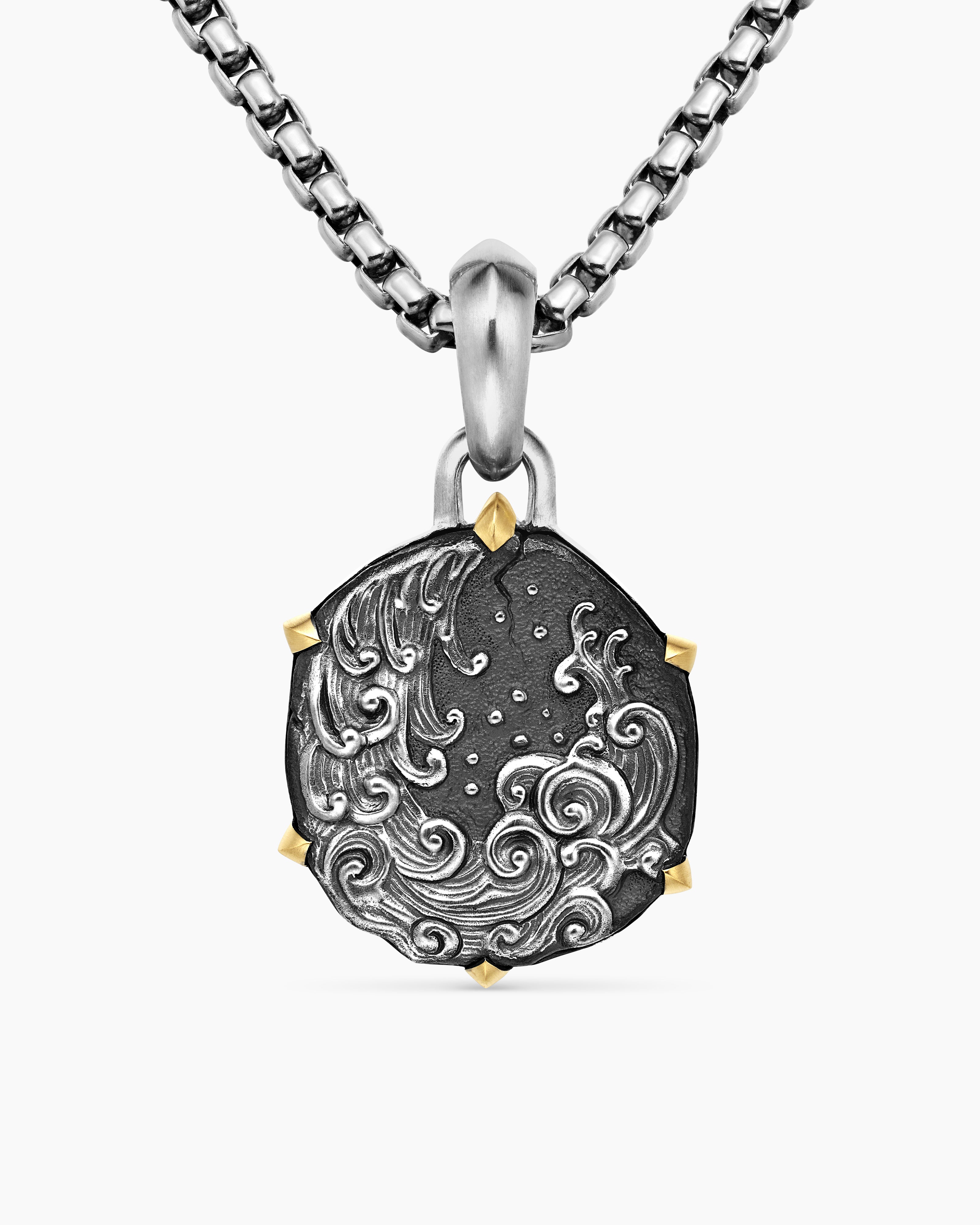 Mens Aquarius Amulet in Sterling Silver with 18K Yellow Gold, 23mm
