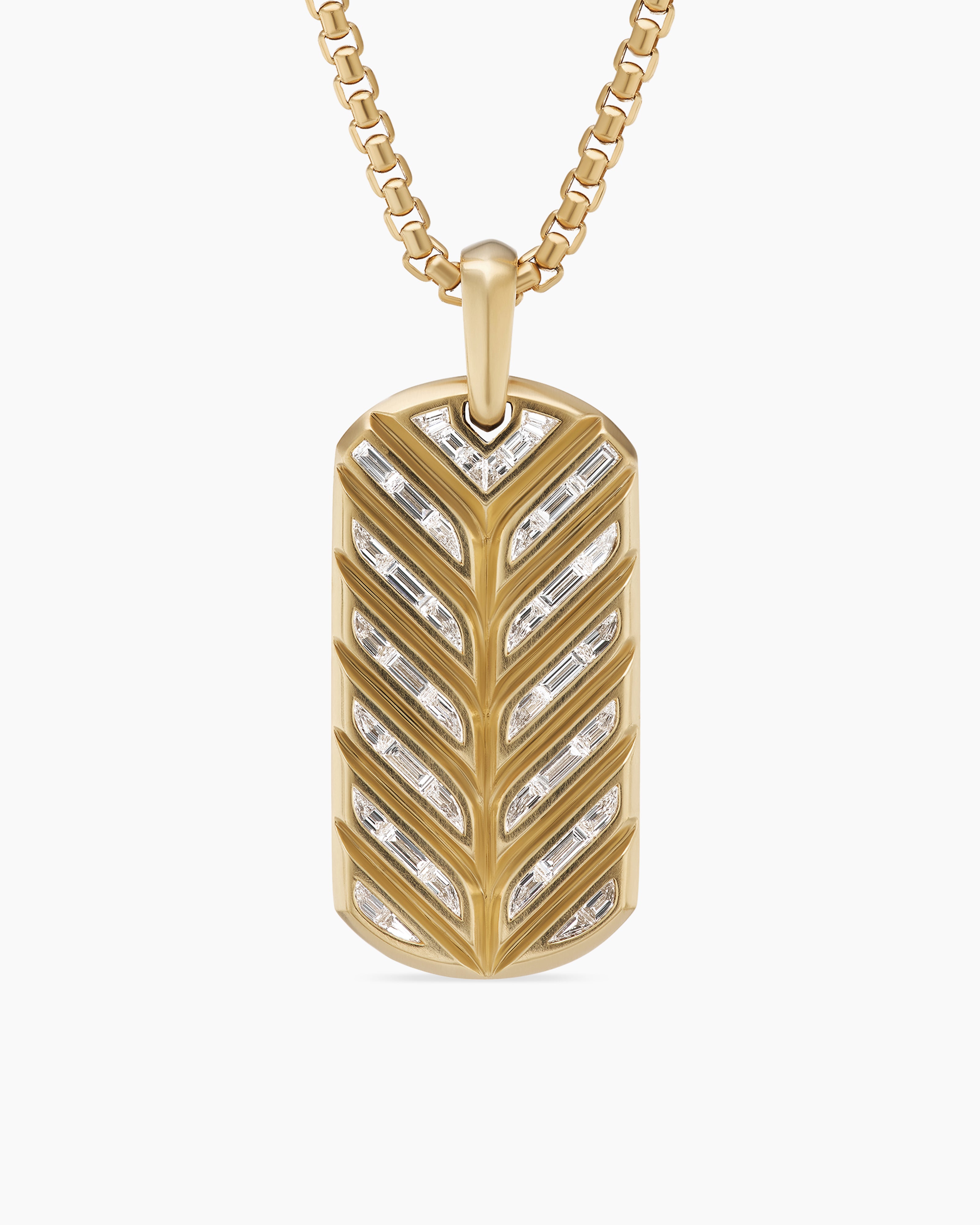 Mens Chevron Tag in 18K Yellow Gold with Diamond Baguettes, 35mm