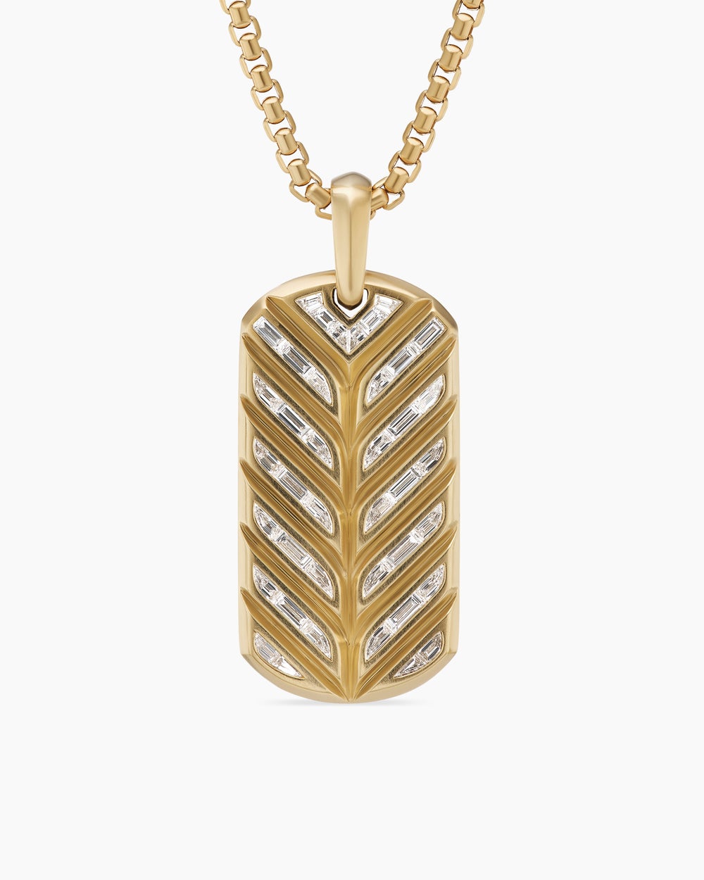 Mens Chevron Tag in 18K Yellow Gold with Diamond Baguettes, 35mm