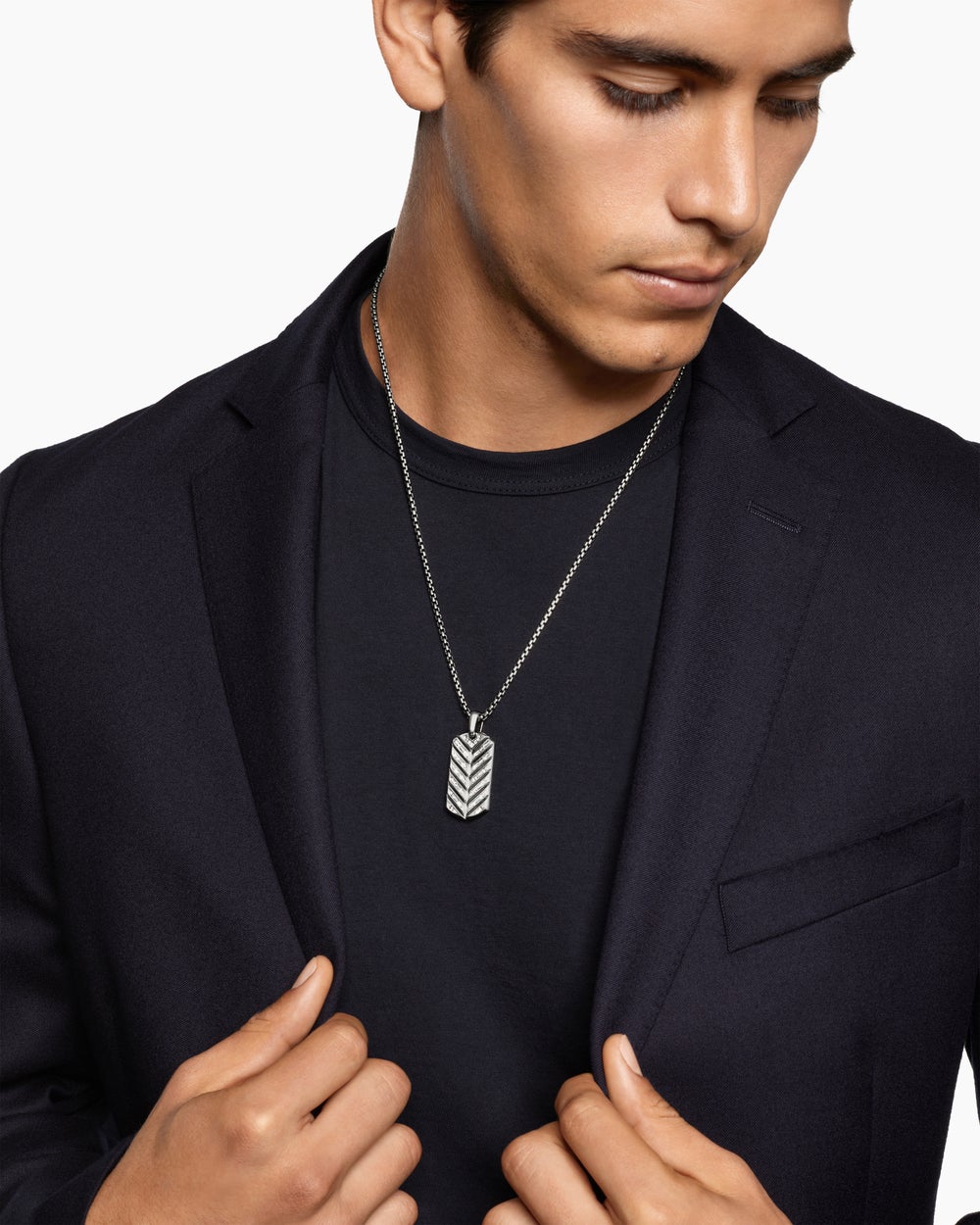 Mens Chevron Tag in Platinum with Diamond Baguettes, 35mm