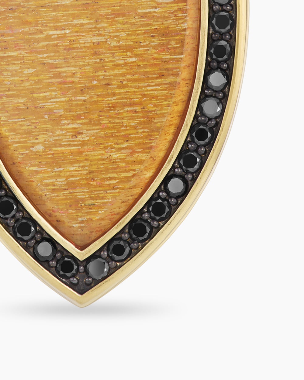 Mens Shield Amulet in 18K Yellow Gold with Golden Sun Stone and Black Diamonds, 27mm