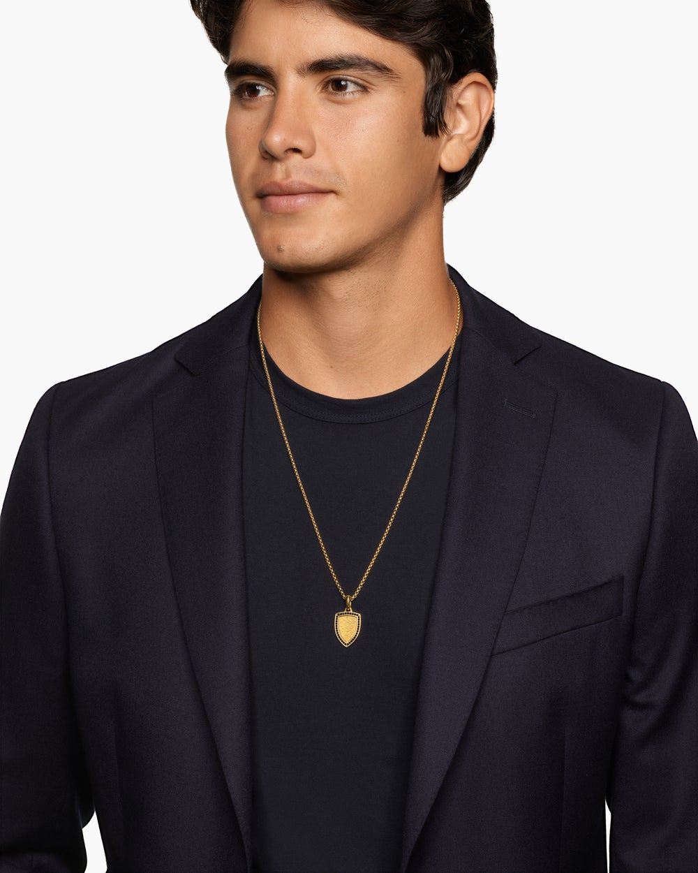 Mens Shield Amulet in 18K Yellow Gold with Golden Sun Stone and Black Diamonds, 27mm