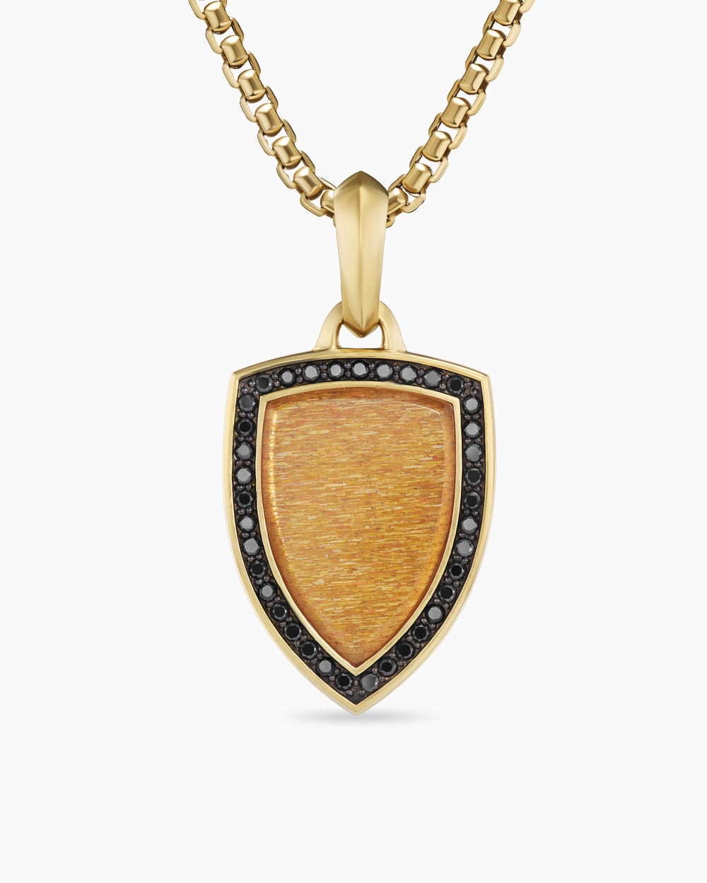 Mens Shield Amulet in 18K Yellow Gold with Golden Sun Stone and Black Diamonds, 27mm
