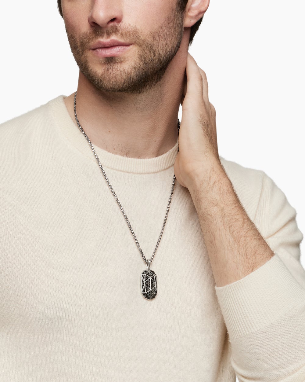 Mens Faceted Amulet in Sterling Silver with Black Diamonds, 36.3mm
