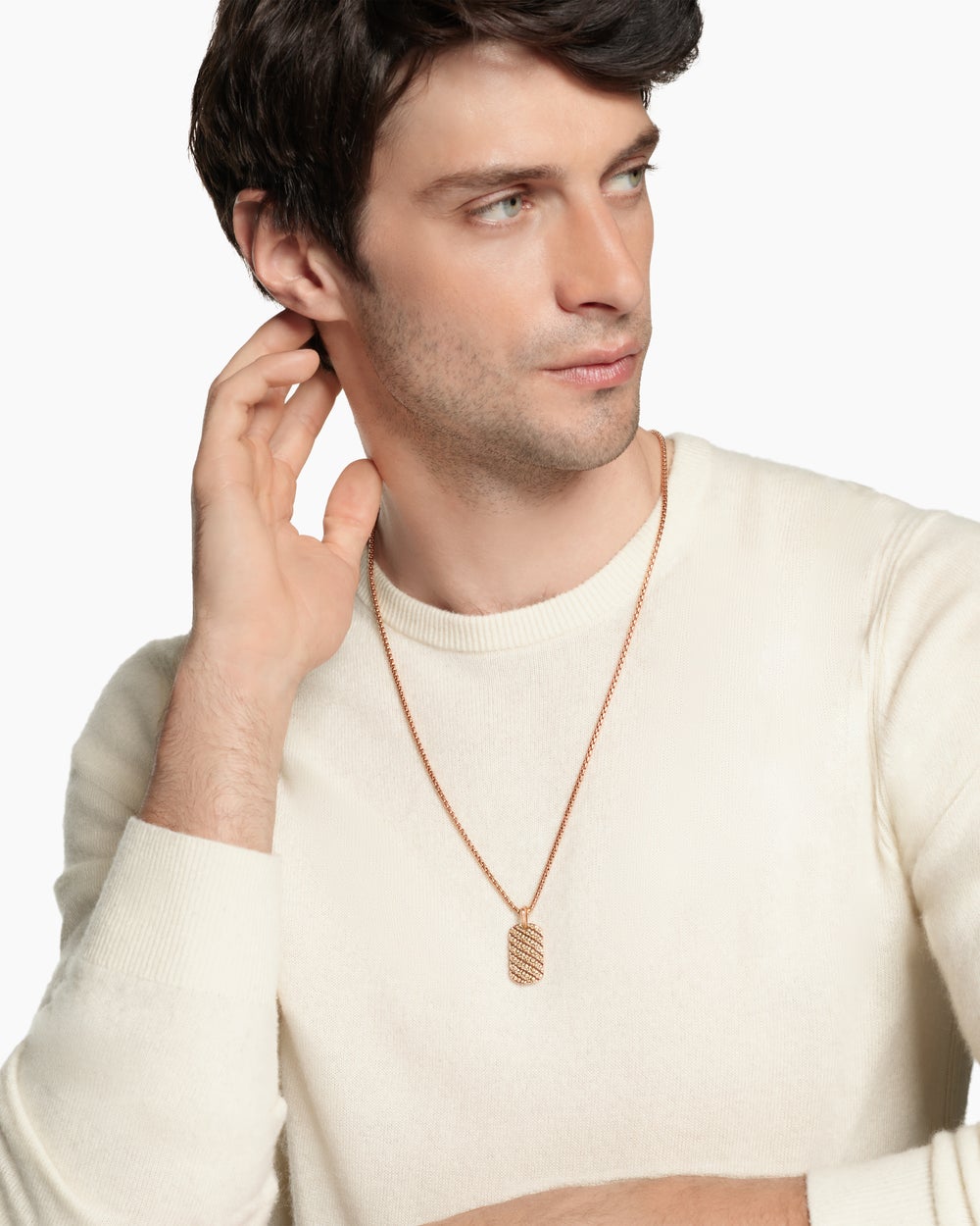 Mens Sculpted Cable Tag in 18K Rose Gold with Cognac Diamonds, 27mm