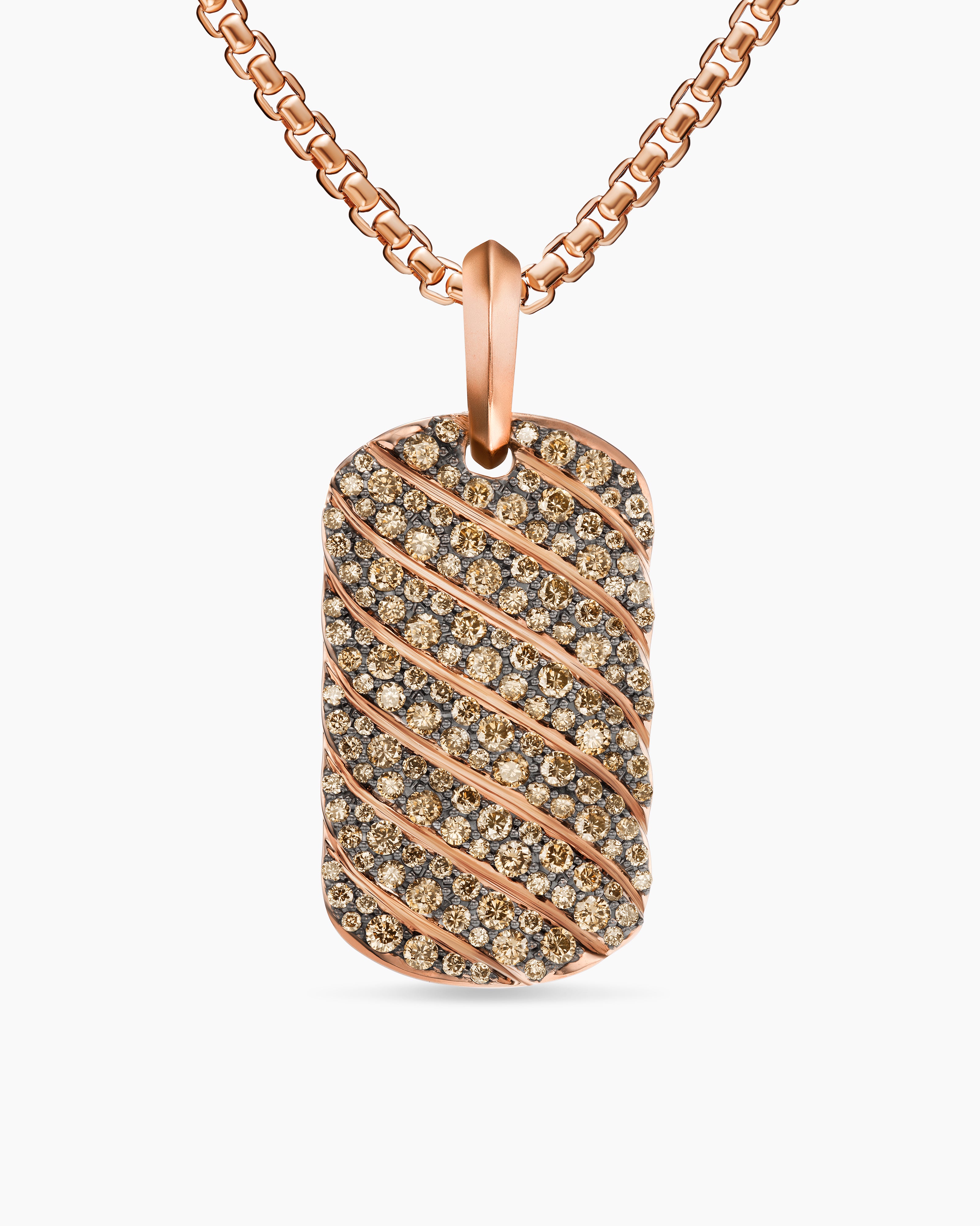 Mens Sculpted Cable Tag in 18K Rose Gold with Cognac Diamonds, 27mm