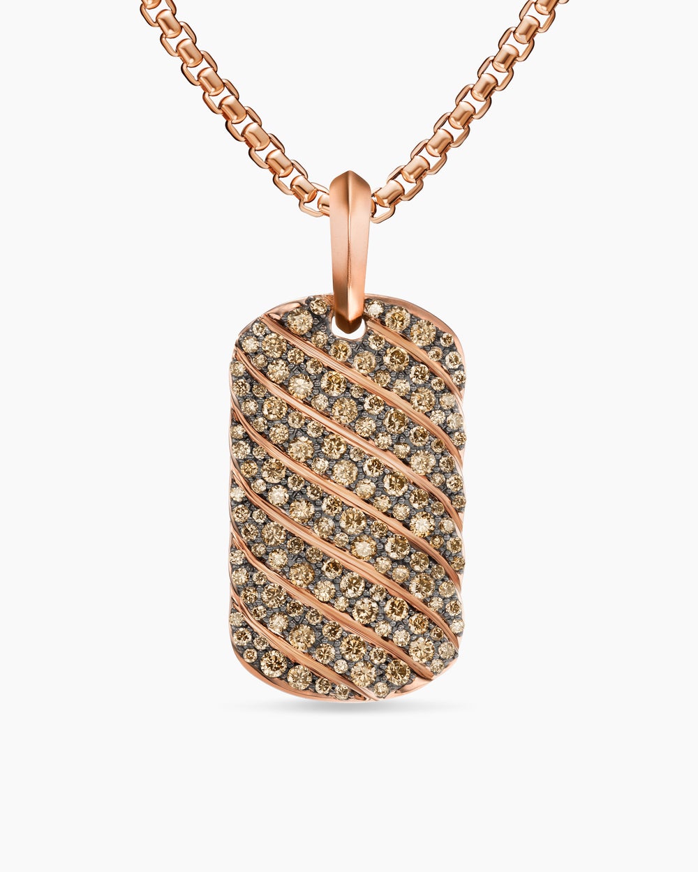 Mens Sculpted Cable Tag in 18K Rose Gold with Cognac Diamonds, 27mm