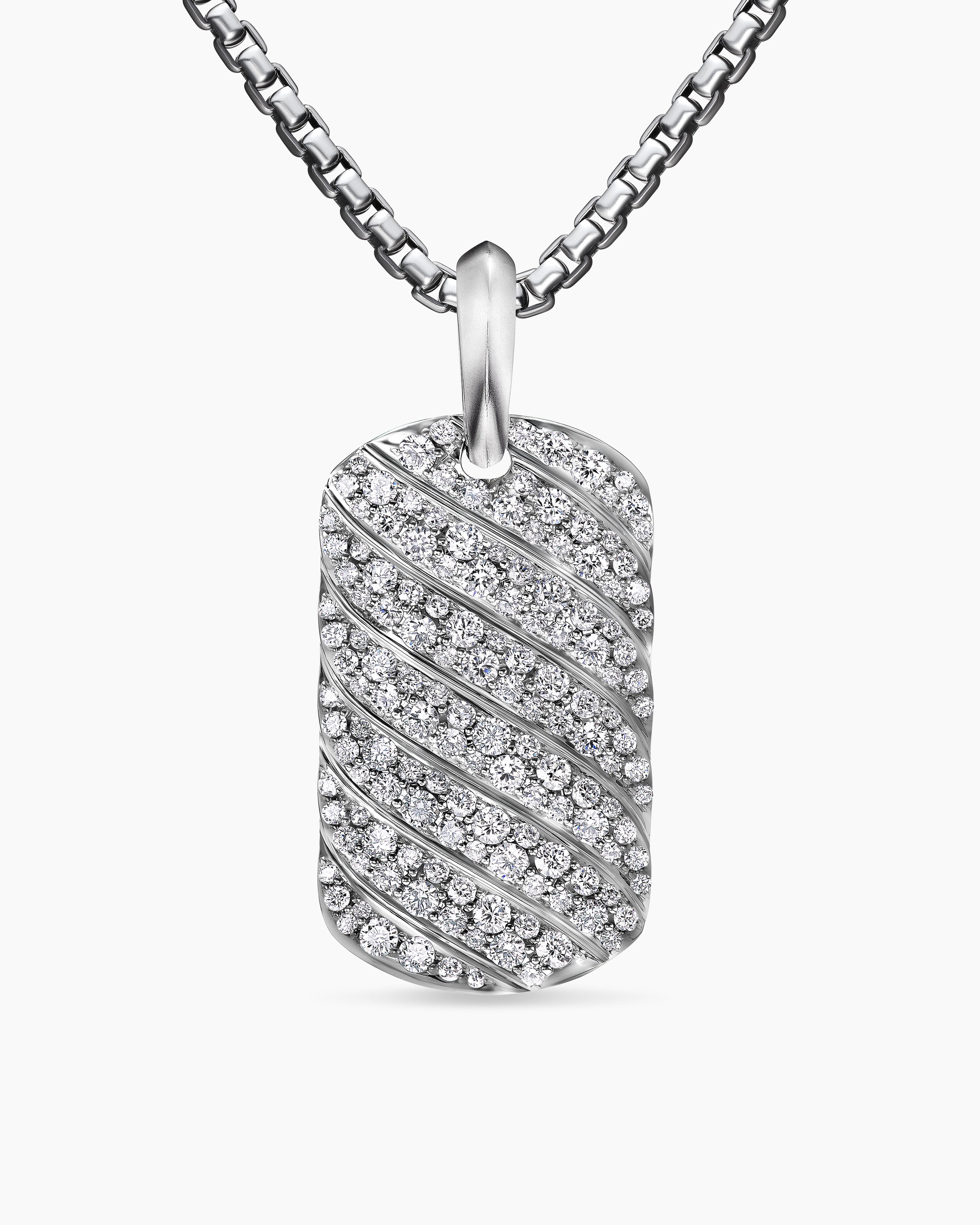 Mens Sculpted Cable Tag in 18K White Gold with Diamonds, 27mm