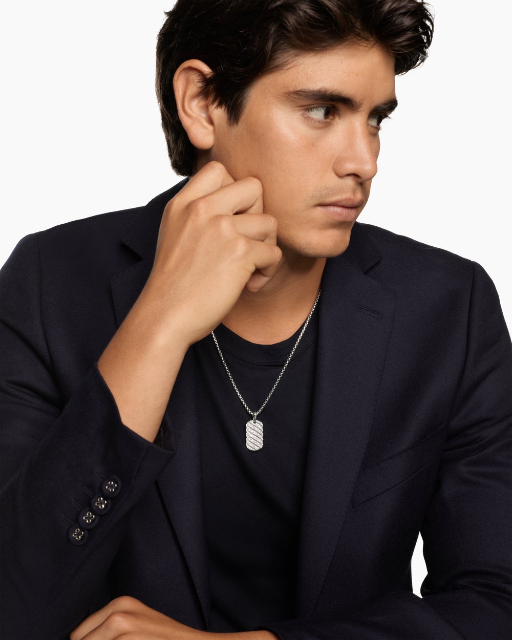 Mens Sculpted Cable Tag in Sterling Silver with Diamonds, 27mm