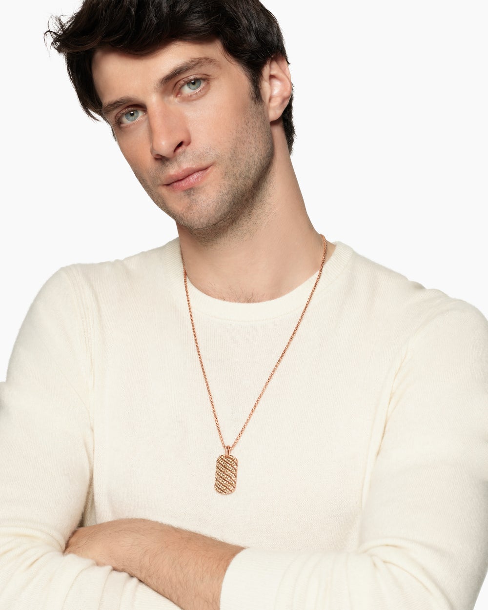 Mens Sculpted Cable Tag in 18K Rose Gold with Cognac Diamonds, 35mm