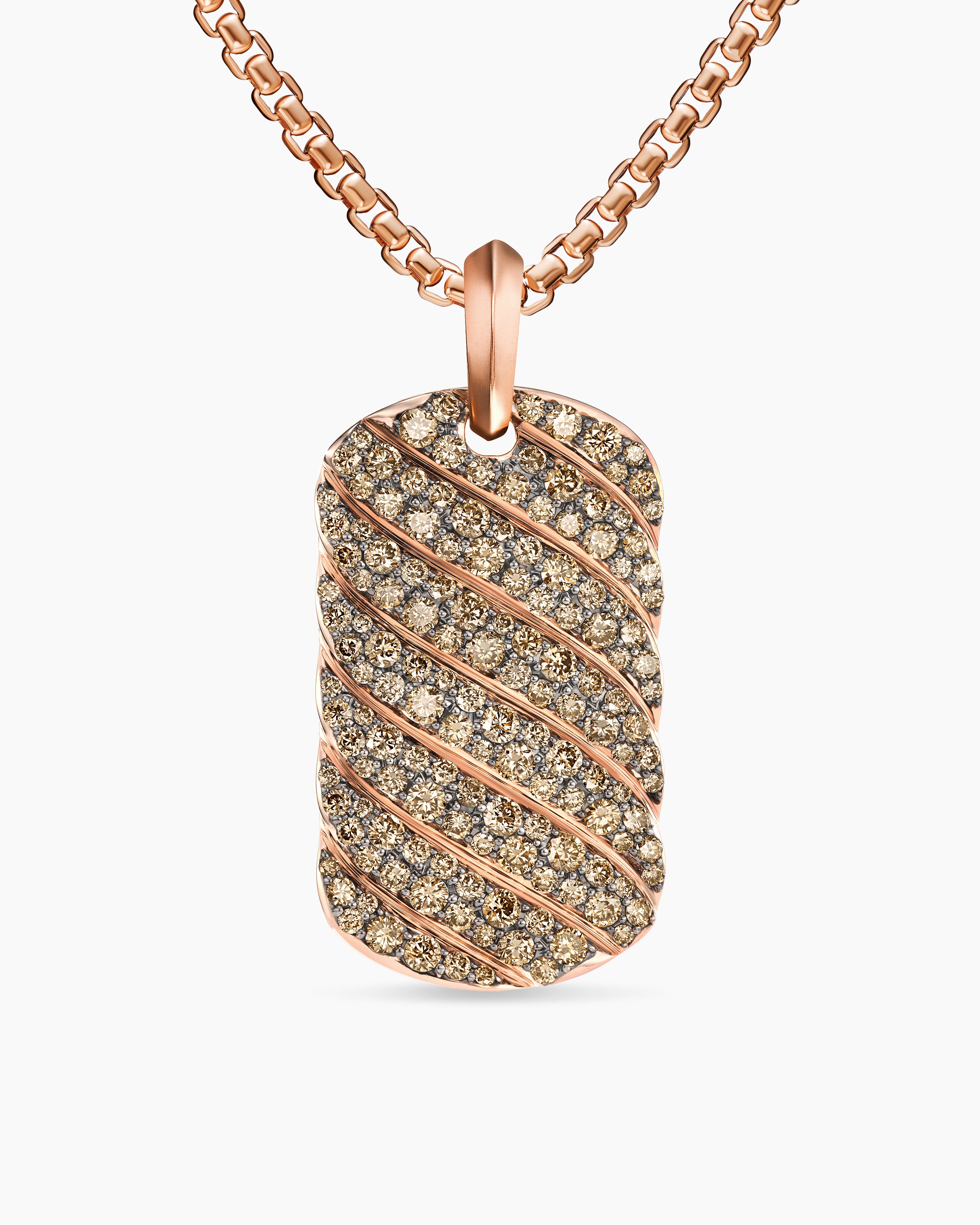 Mens Sculpted Cable Tag in 18K Rose Gold with Cognac Diamonds, 35mm