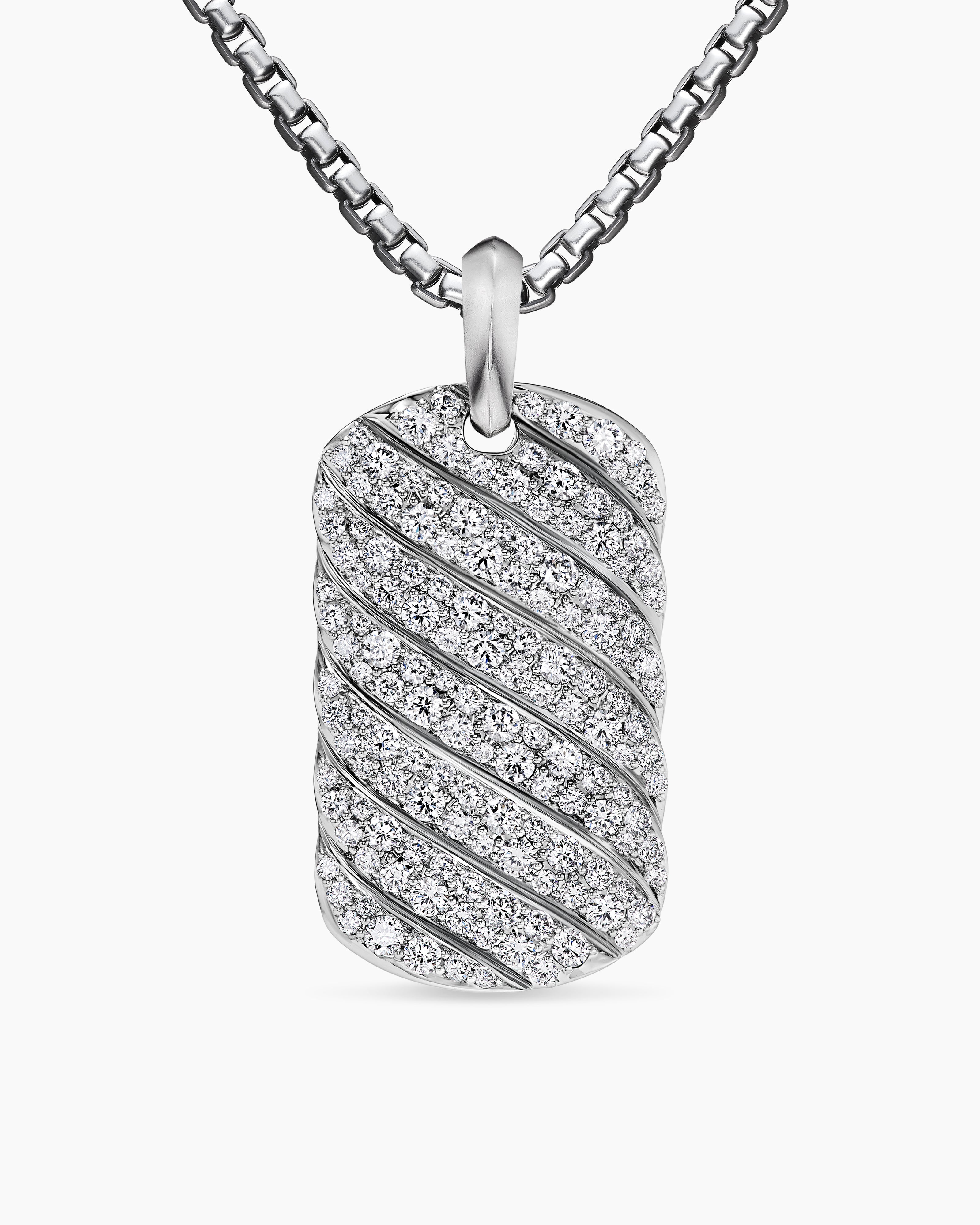 Mens Sculpted Cable Tag in 18K White Gold with Diamonds, 35mm