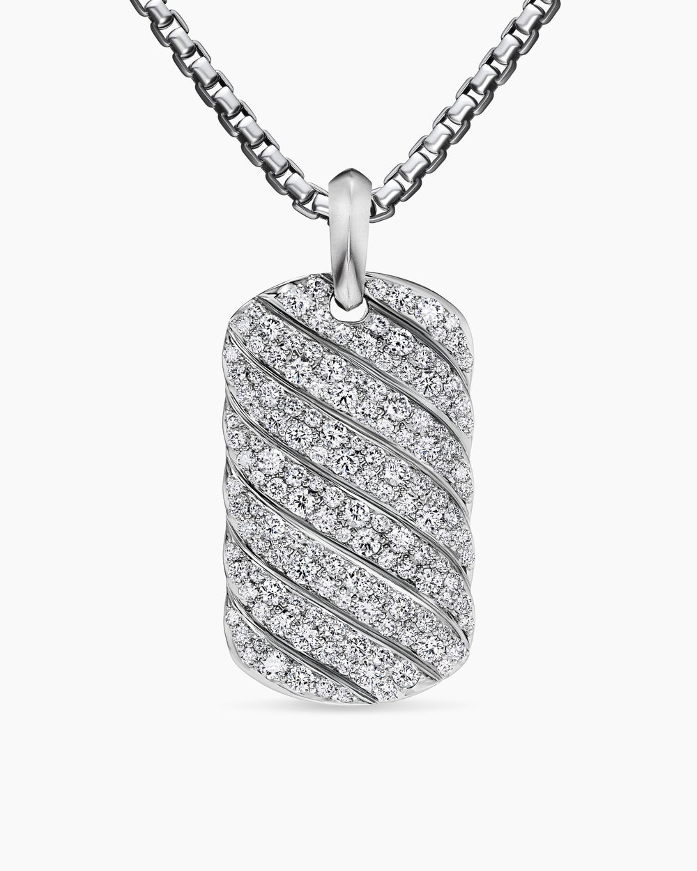 Mens Sculpted Cable Tag in 18K White Gold with Diamonds, 35mm