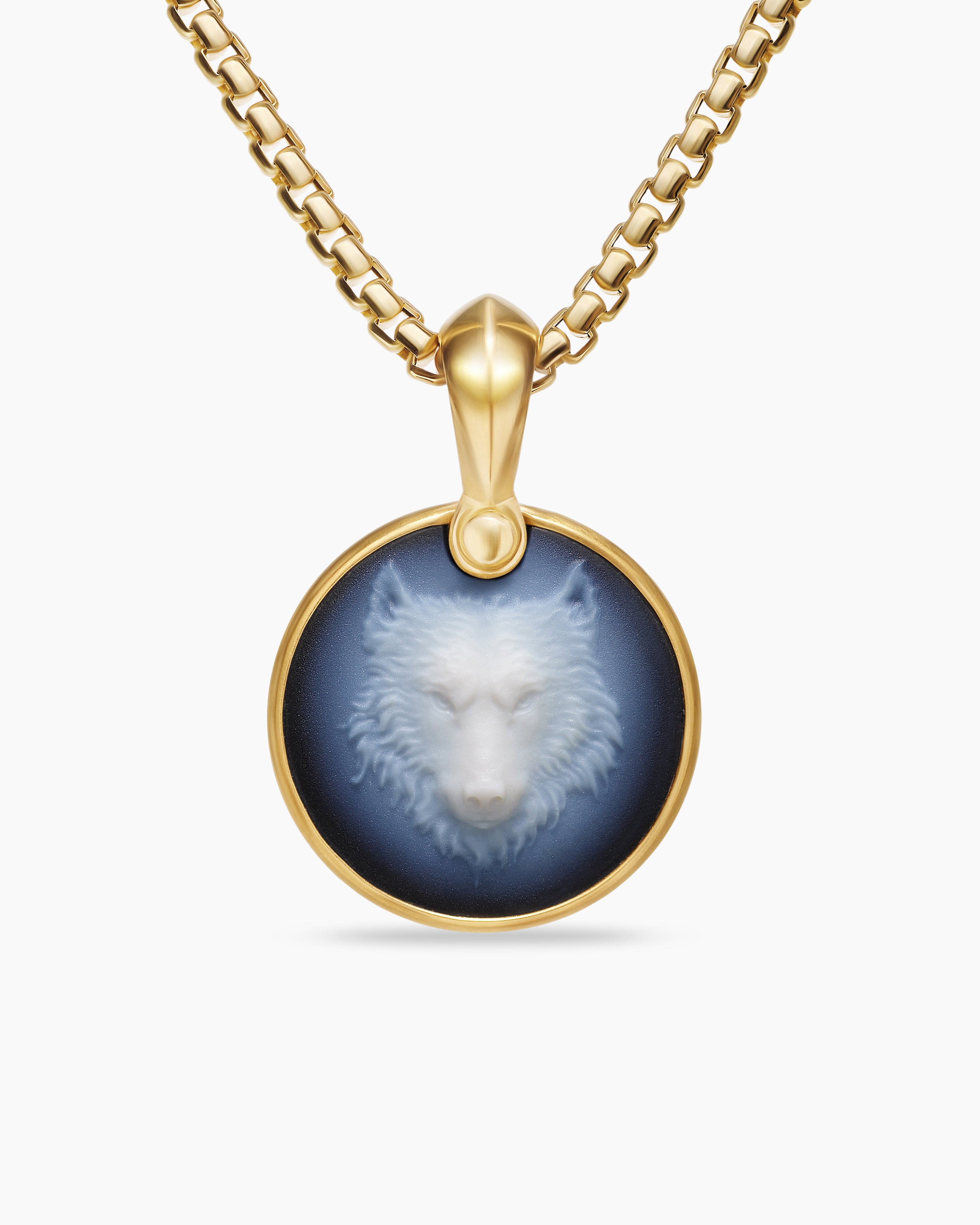 Mens Petrvs&reg; Wolf Amulet in 18K Yellow Gold with Banded Agate, 21mm