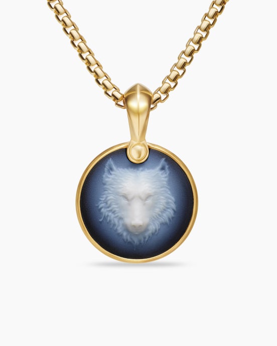 Amulette loup Petrvs® en or jaune 18 carats avec agate rubanée, 21 mm